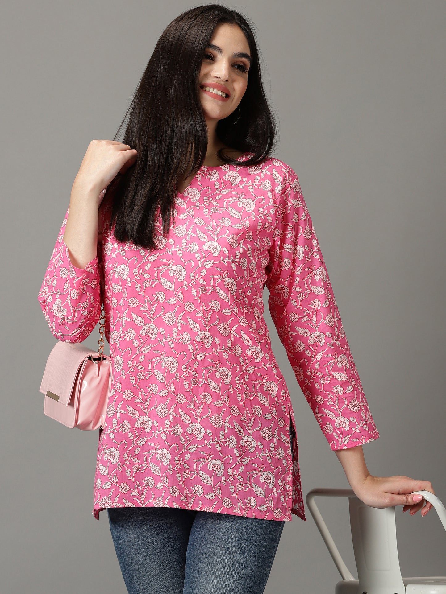 Pink Floral Print Cotton Kurti