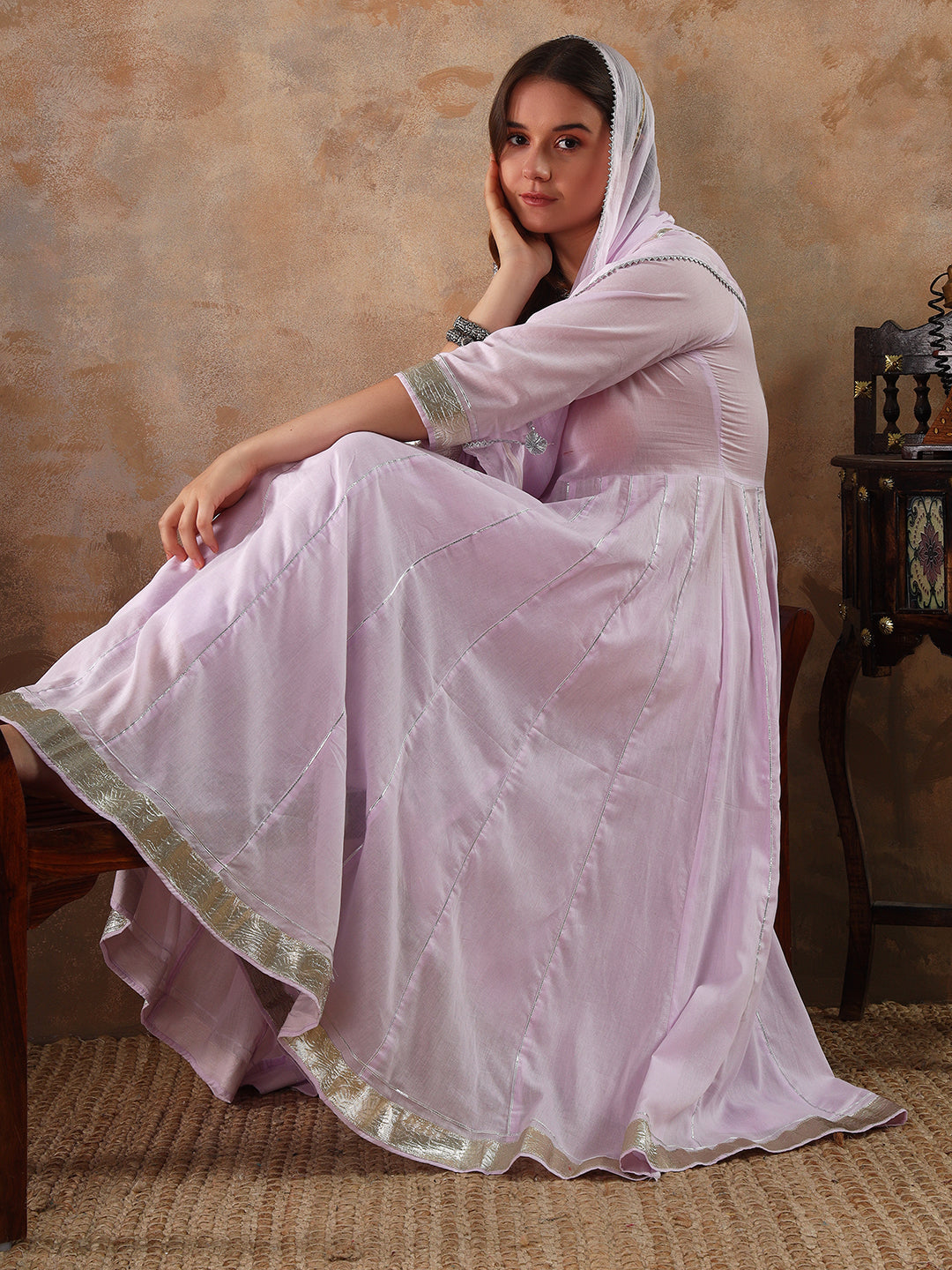 Purple Cotton Anarkali kurta set