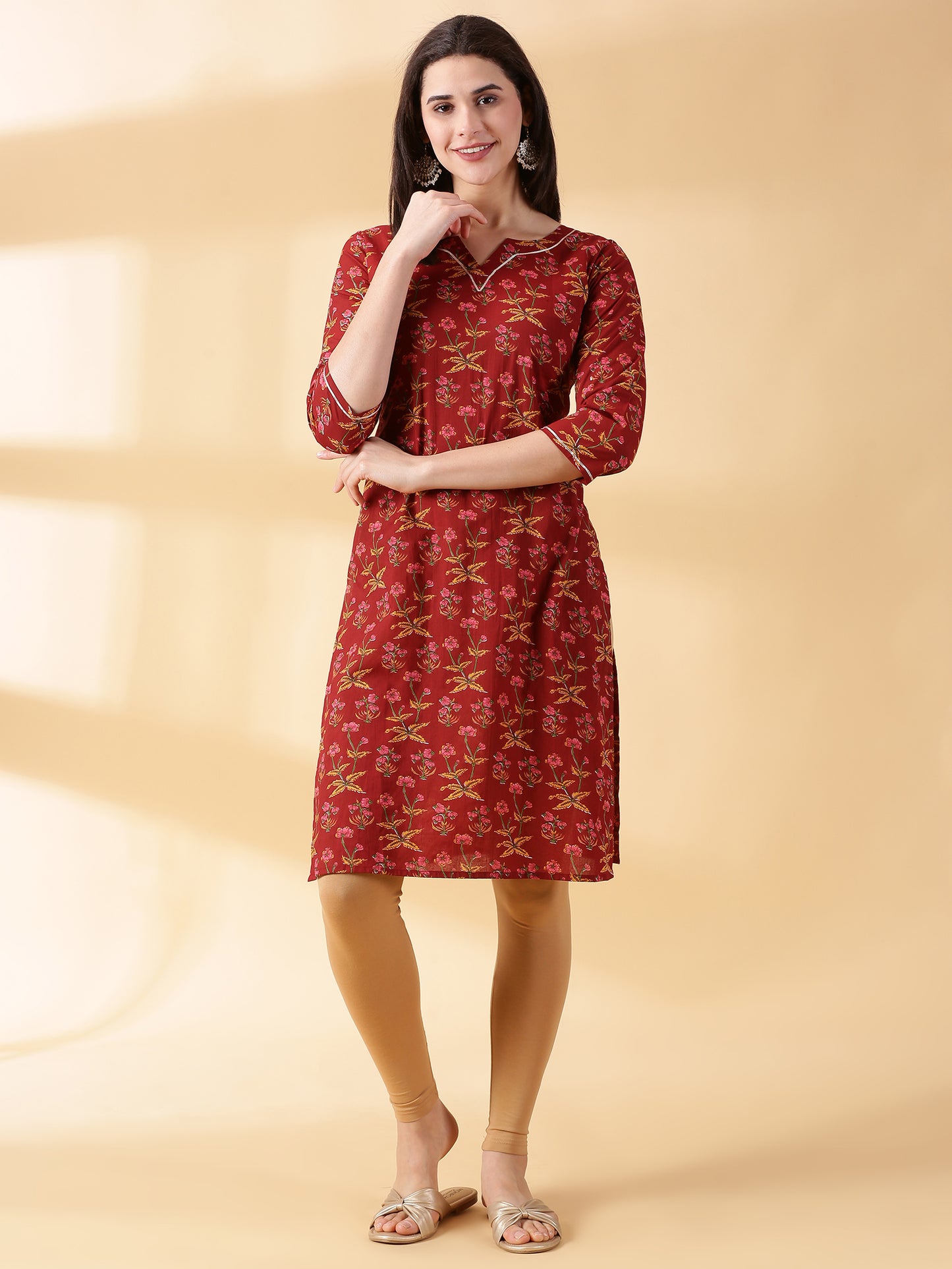 Women Maroon Cotton Straight Kurta
