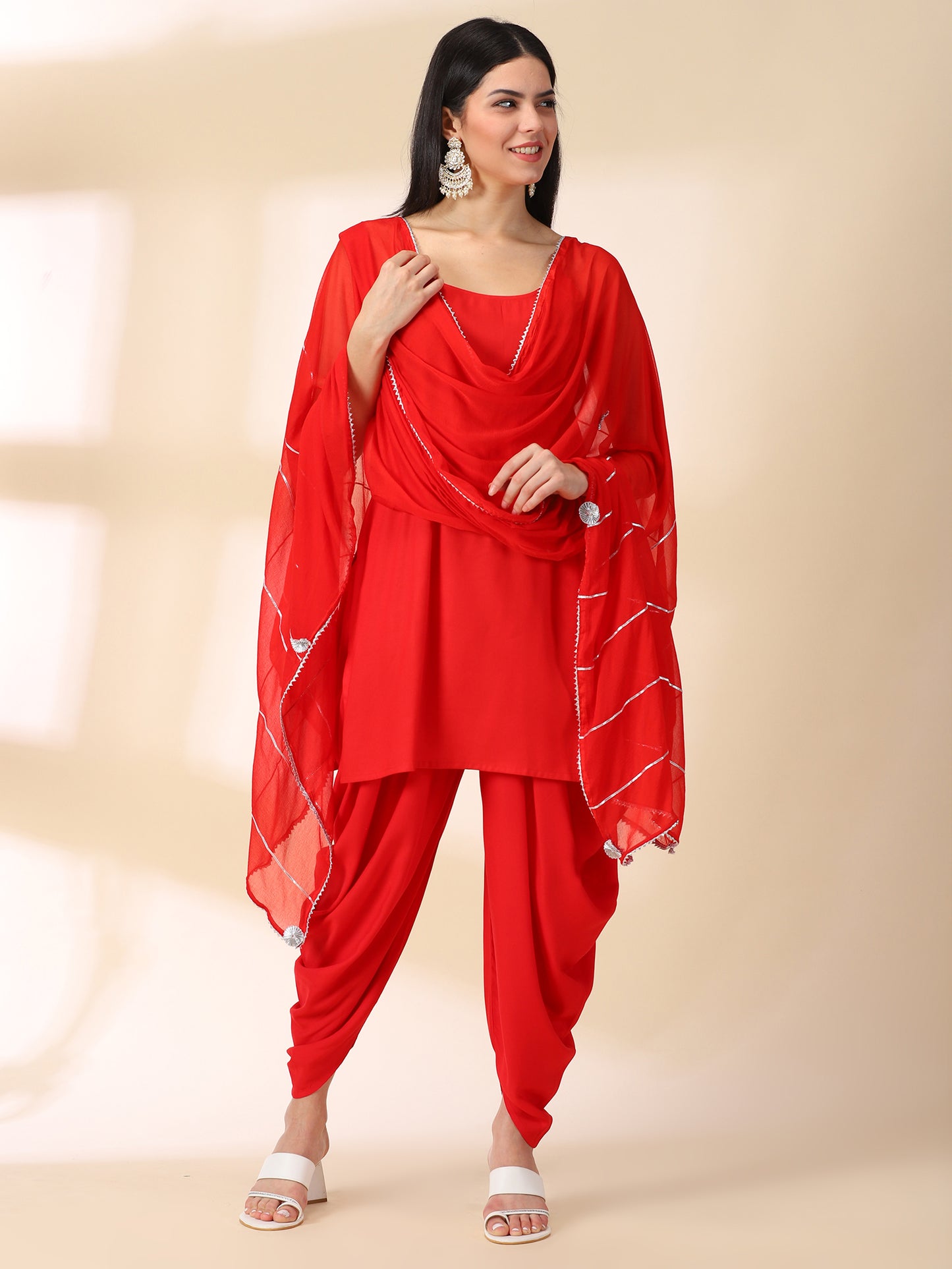 Red Rayon Kurta With Dhoti & Dupatta