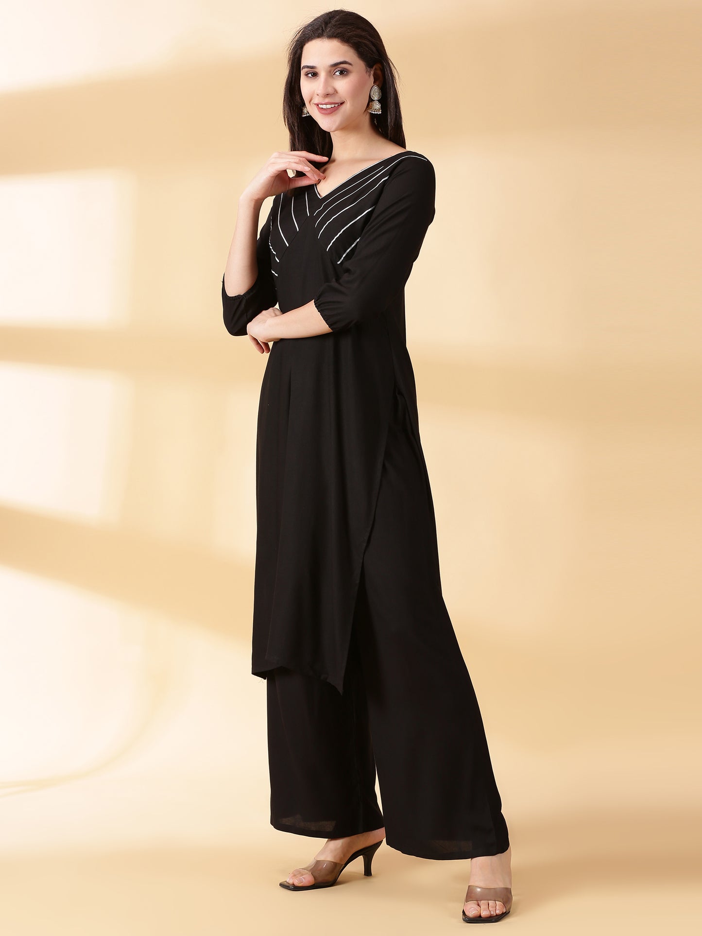 Women Black Reyon Alia Cut Kurta With Palazzos & Dupatta