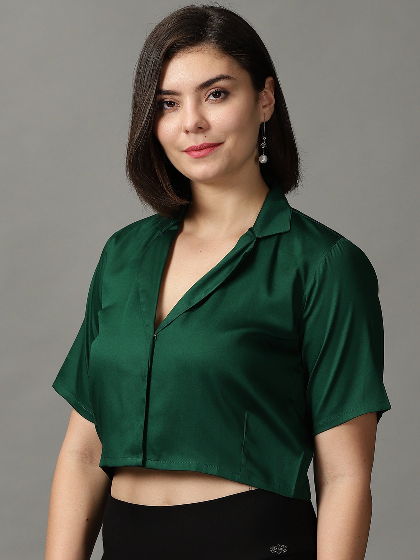 Women Green Solid Shirt Style Crop Top