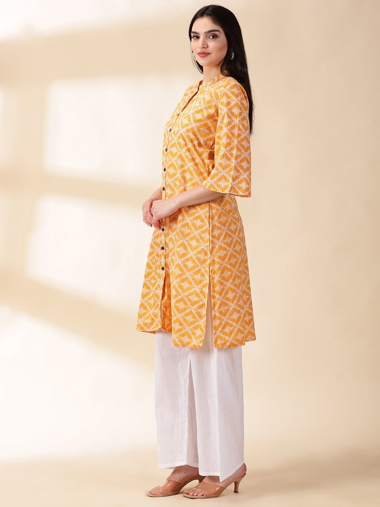 Women Yellow Printed Cotton Kurta