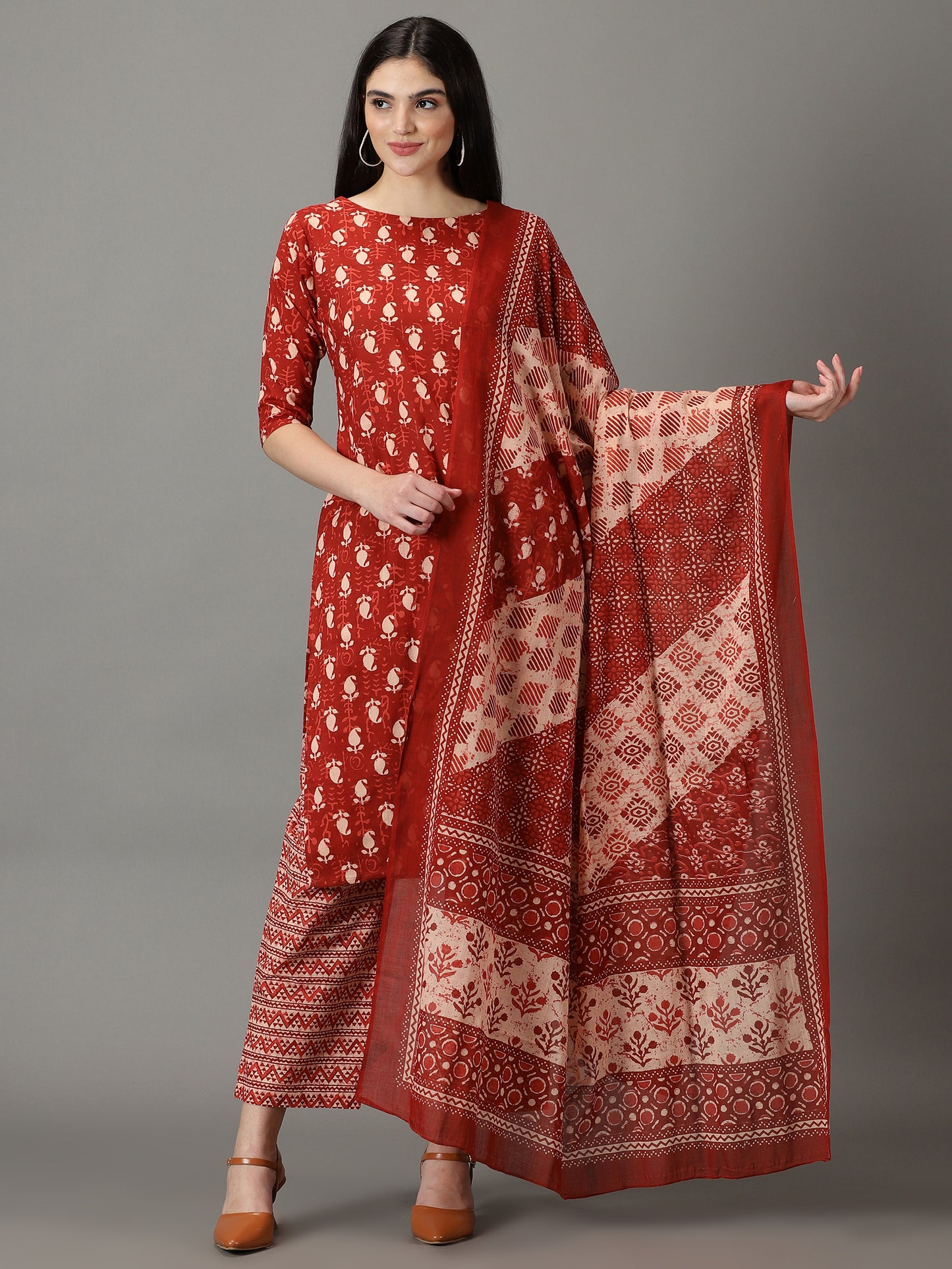 Brown Cotton Kurta With Pant & Dupatta