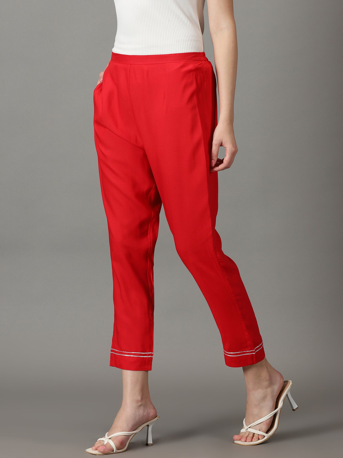 Women Red Solid Fit Trousers