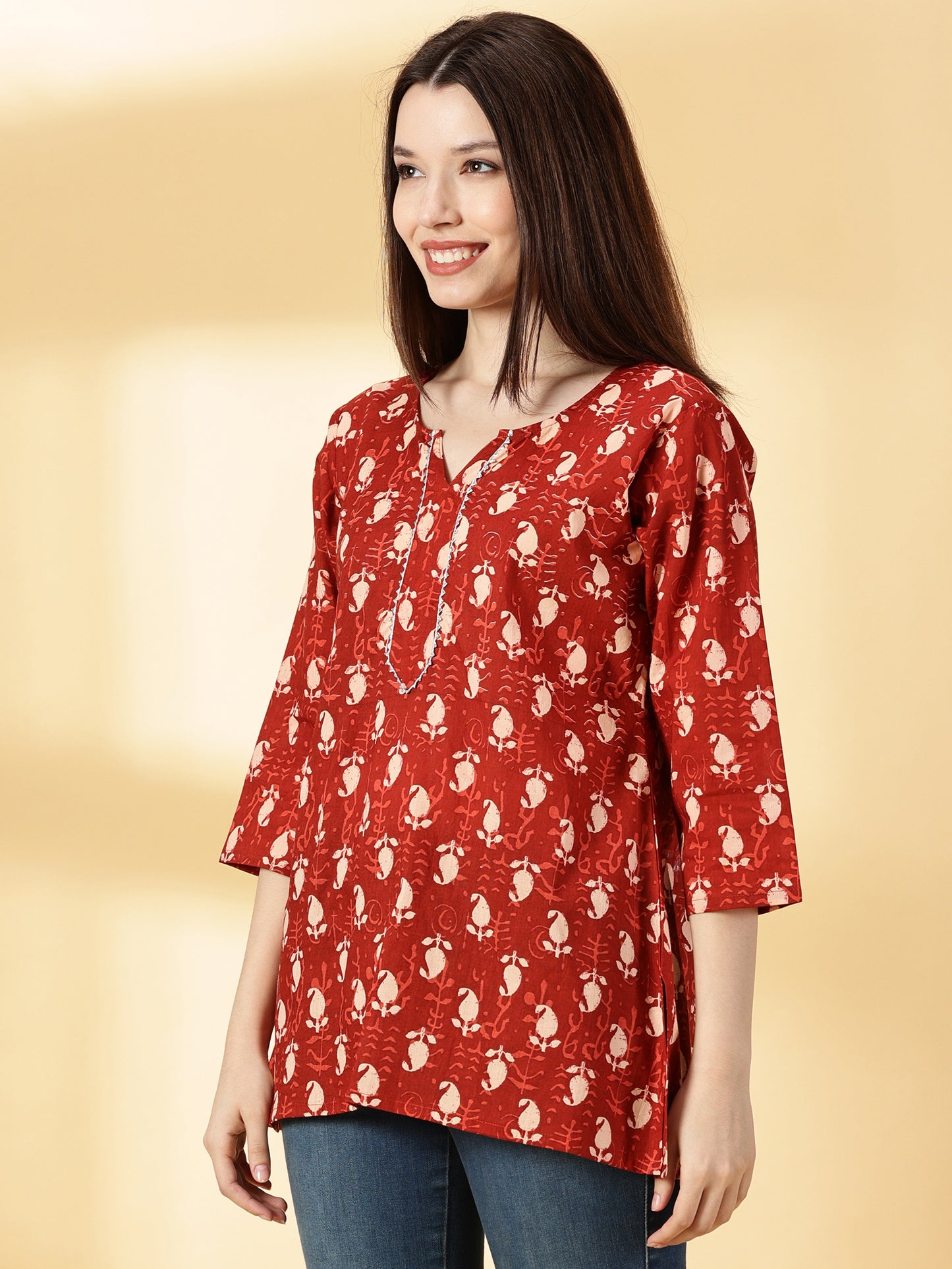 Women Brown Cotton Printed Straight Kurti