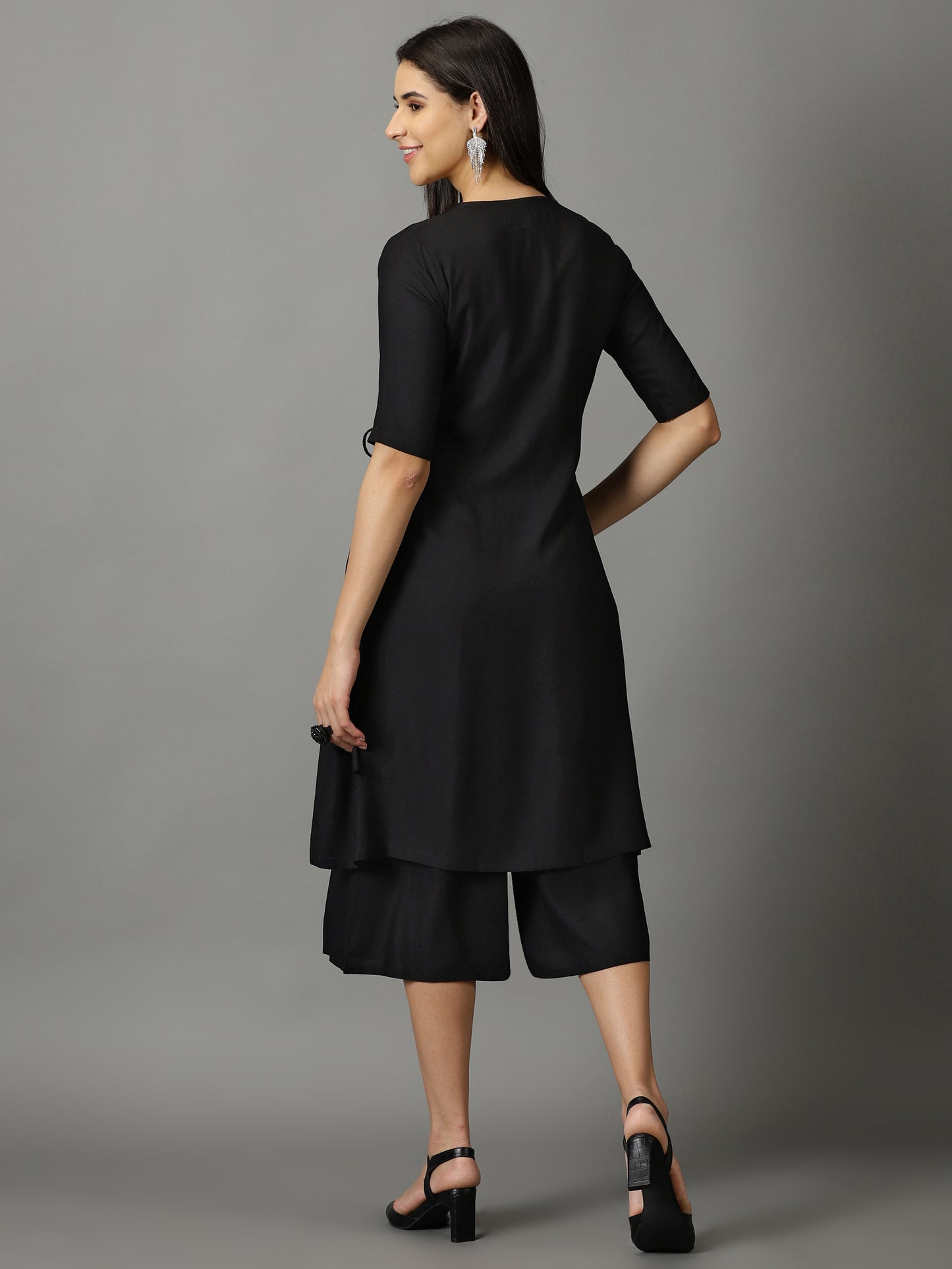 Black Angrakha Kurta With Dori Tie Up & Half Palazzos