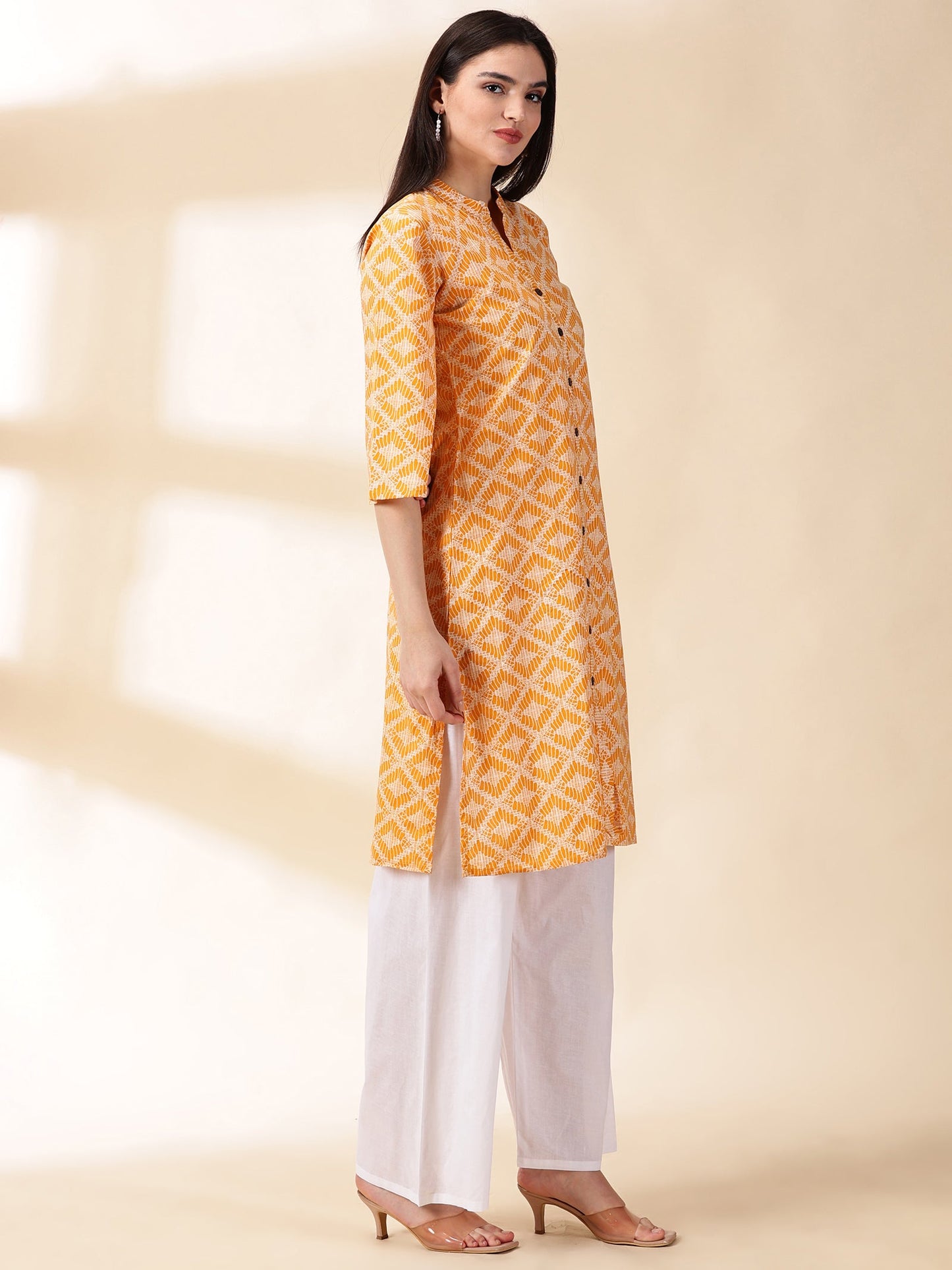 Women Yellow Printed Cotton Kurta