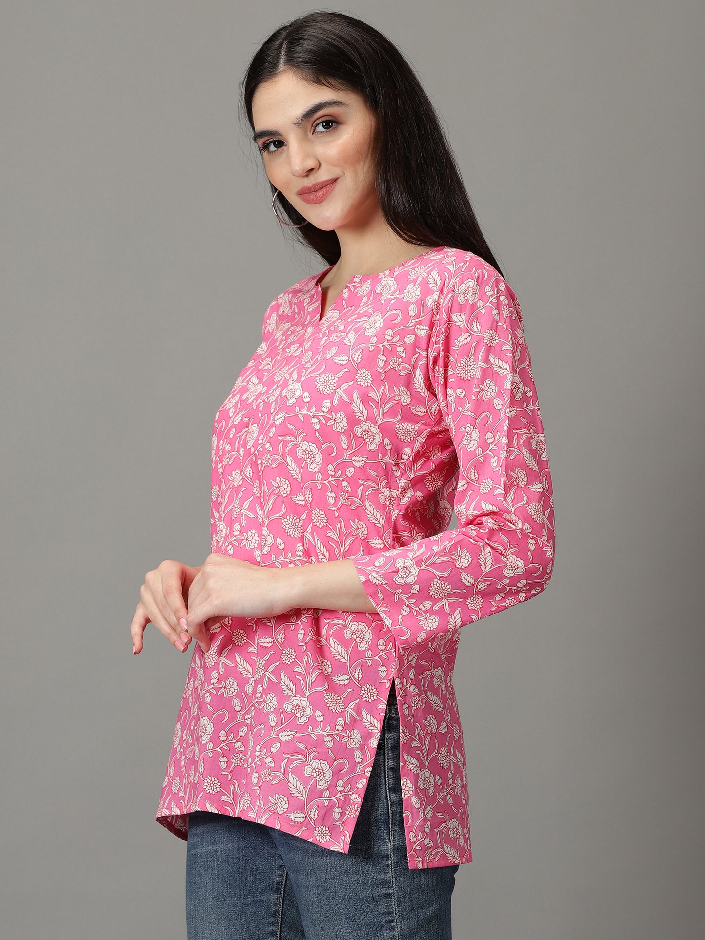 Pink Floral Print Cotton Kurti