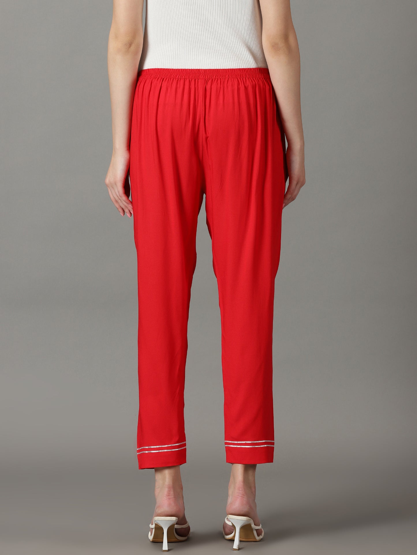 Women Red Solid Fit Trousers
