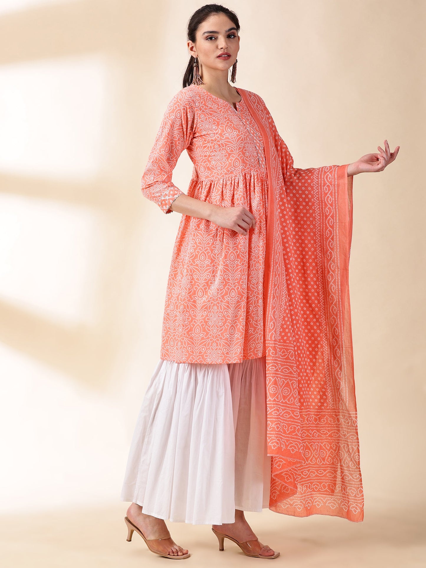 Women Peach Printed Cotton Kurta With Sharara & Duptta