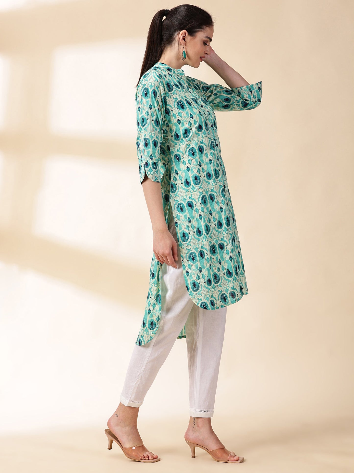 Women Green Floral Print Cotton Kurta