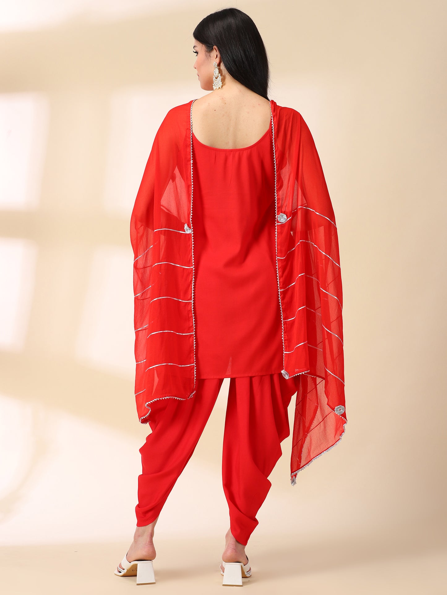 Red Rayon Kurta With Dhoti & Dupatta