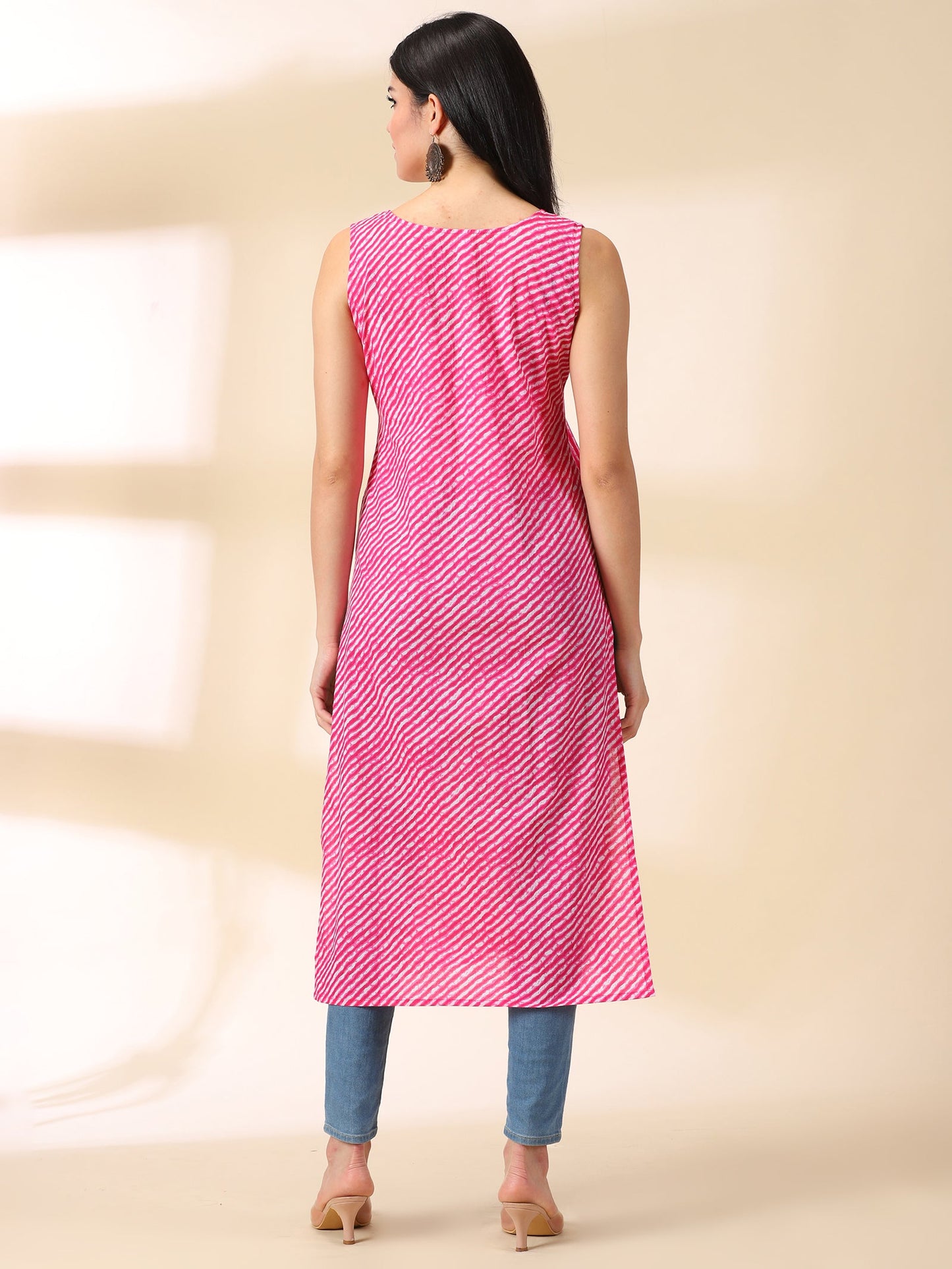 Women Pink Leheriya Cotton Straight Kurta