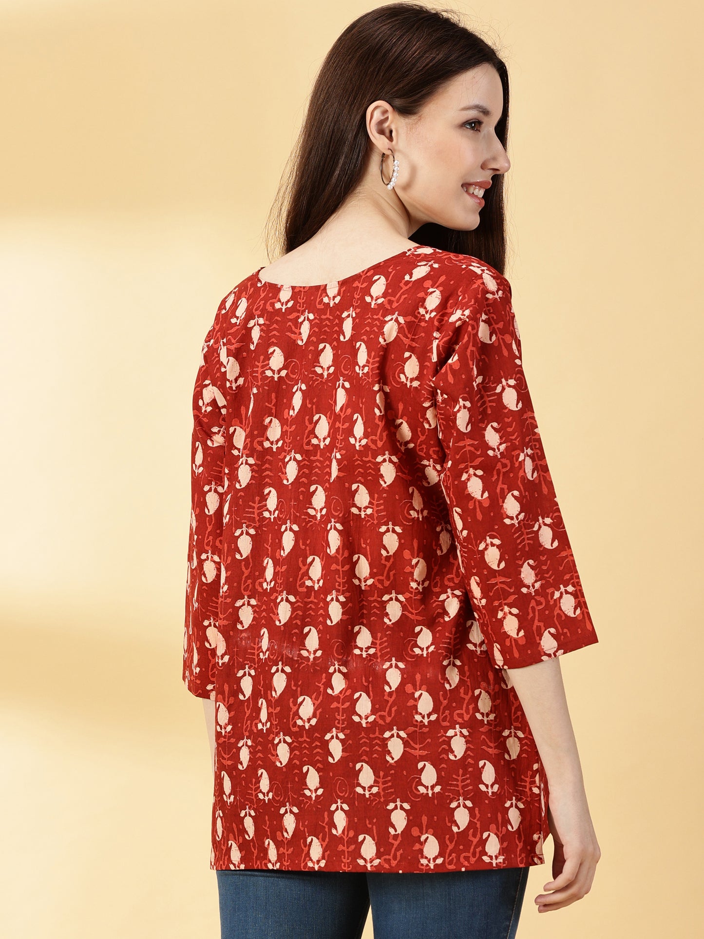 Women Brown Cotton Printed Straight Kurti