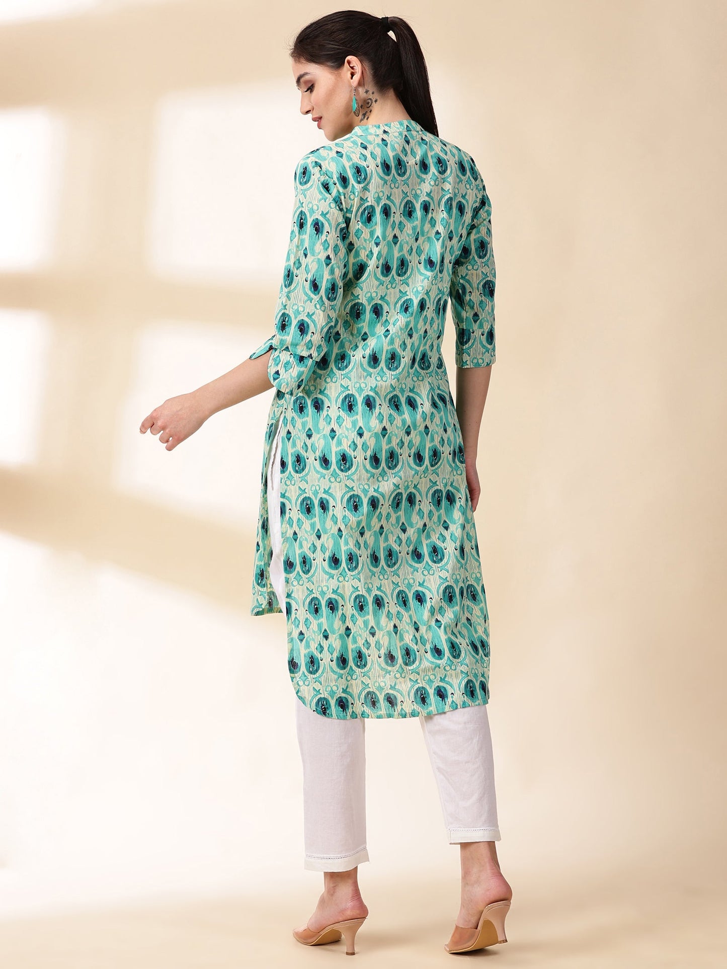 Women Green Floral Print Cotton Kurta