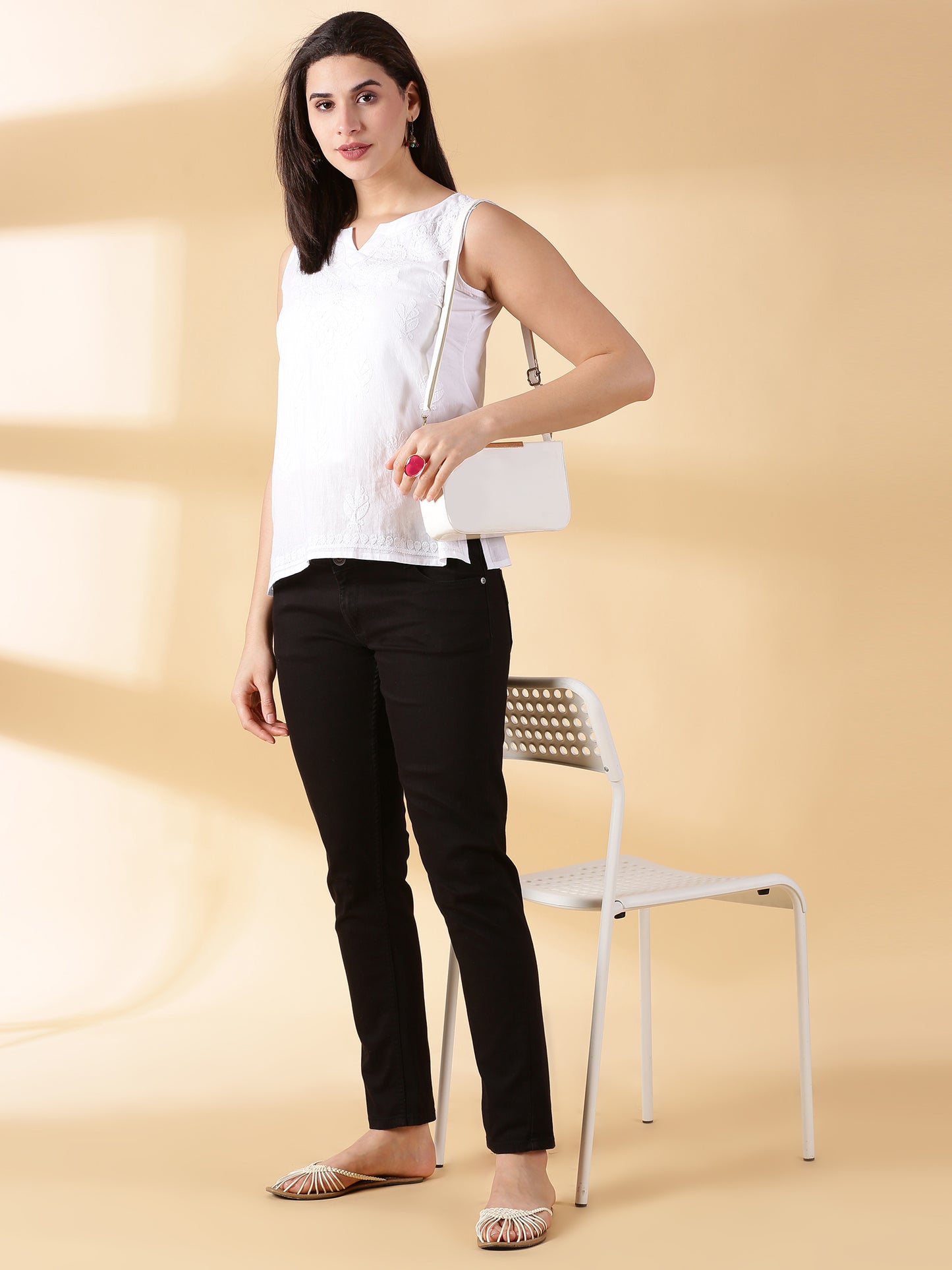Women White Cotton Embroidered Top