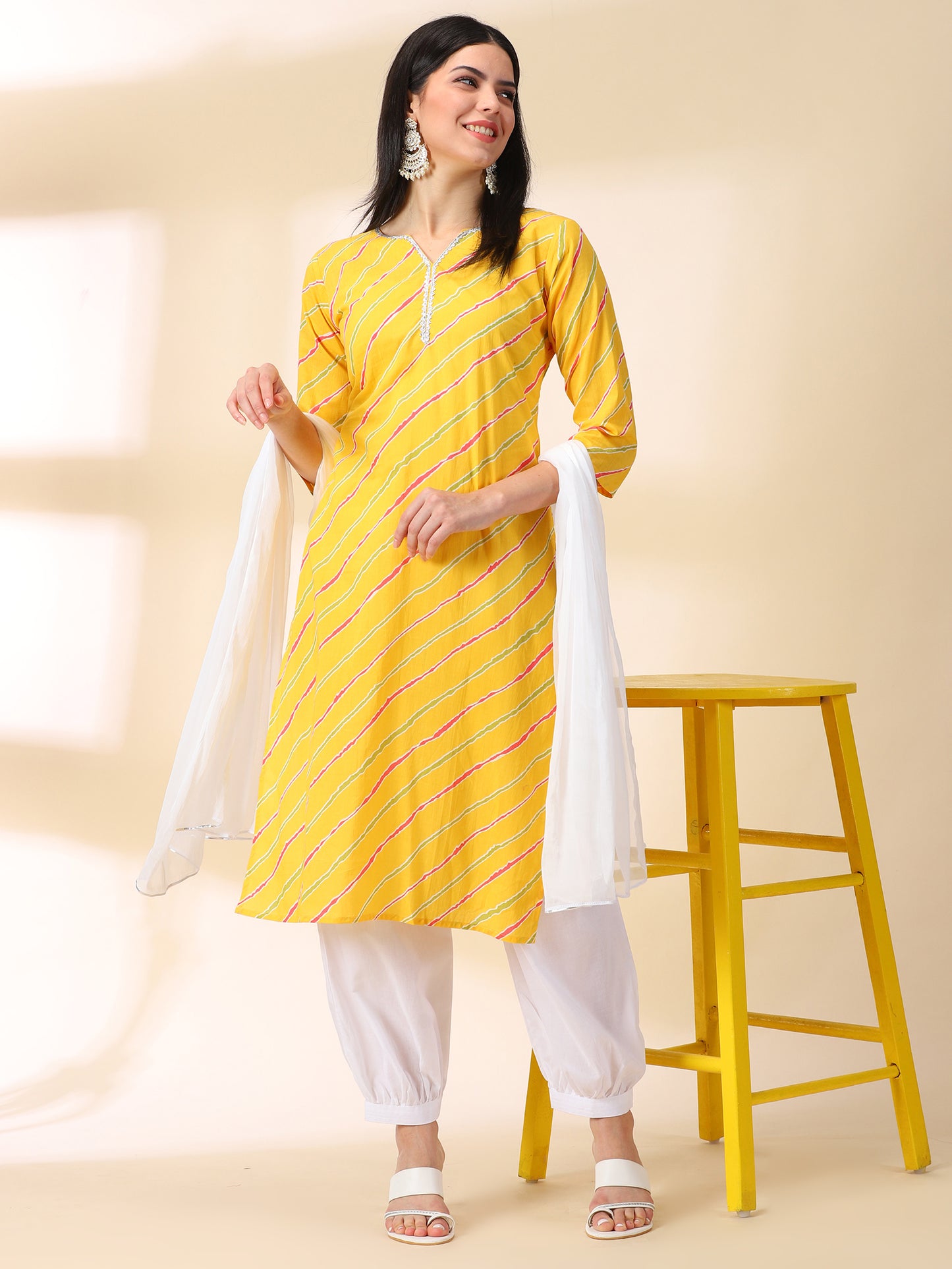 Yellow Cotton Kurta With Cuff Pant & Dupatta
