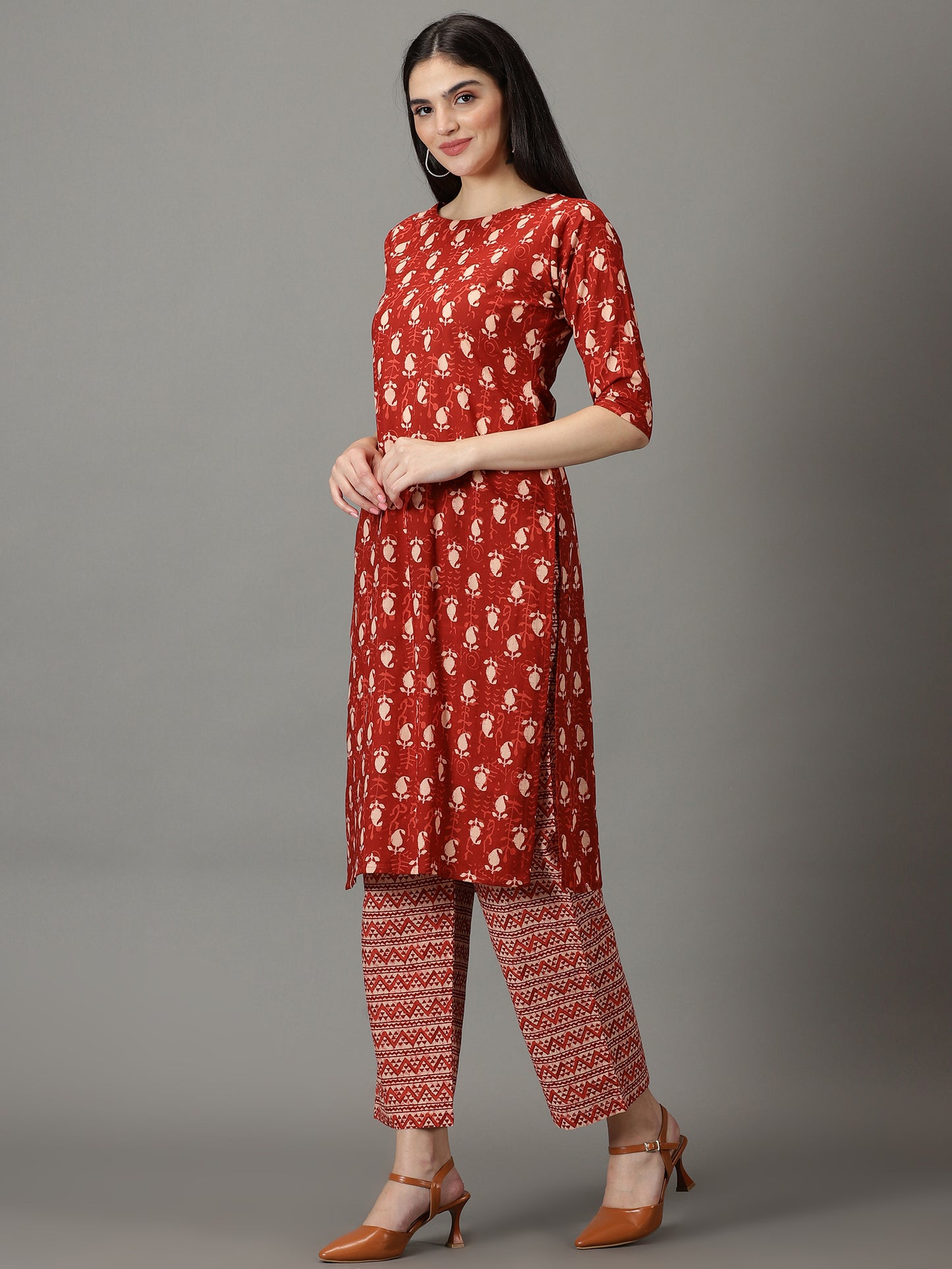 Brown Cotton Kurta With Pant & Dupatta