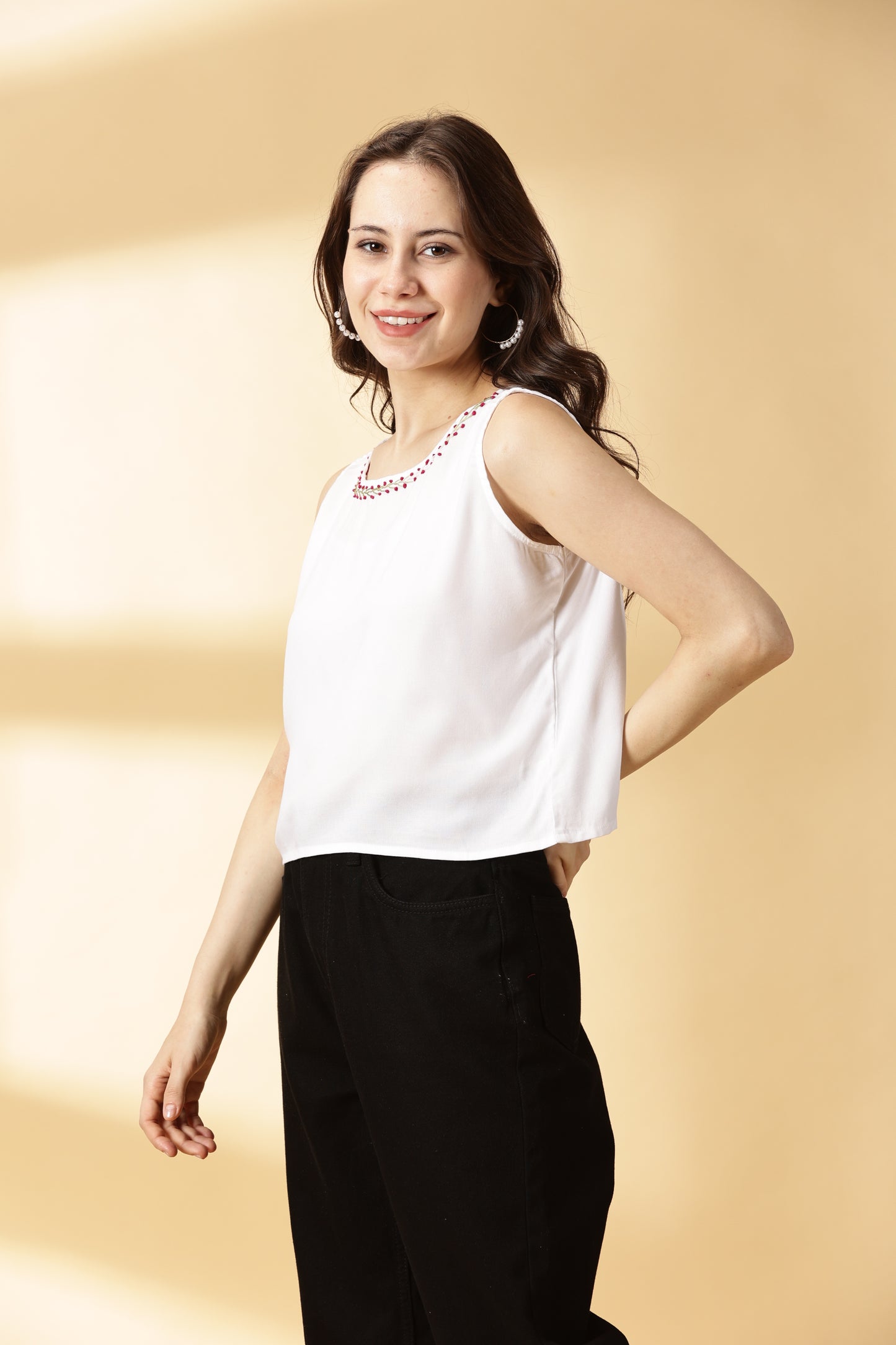 Women White Rayon Hand Embroiydered Top