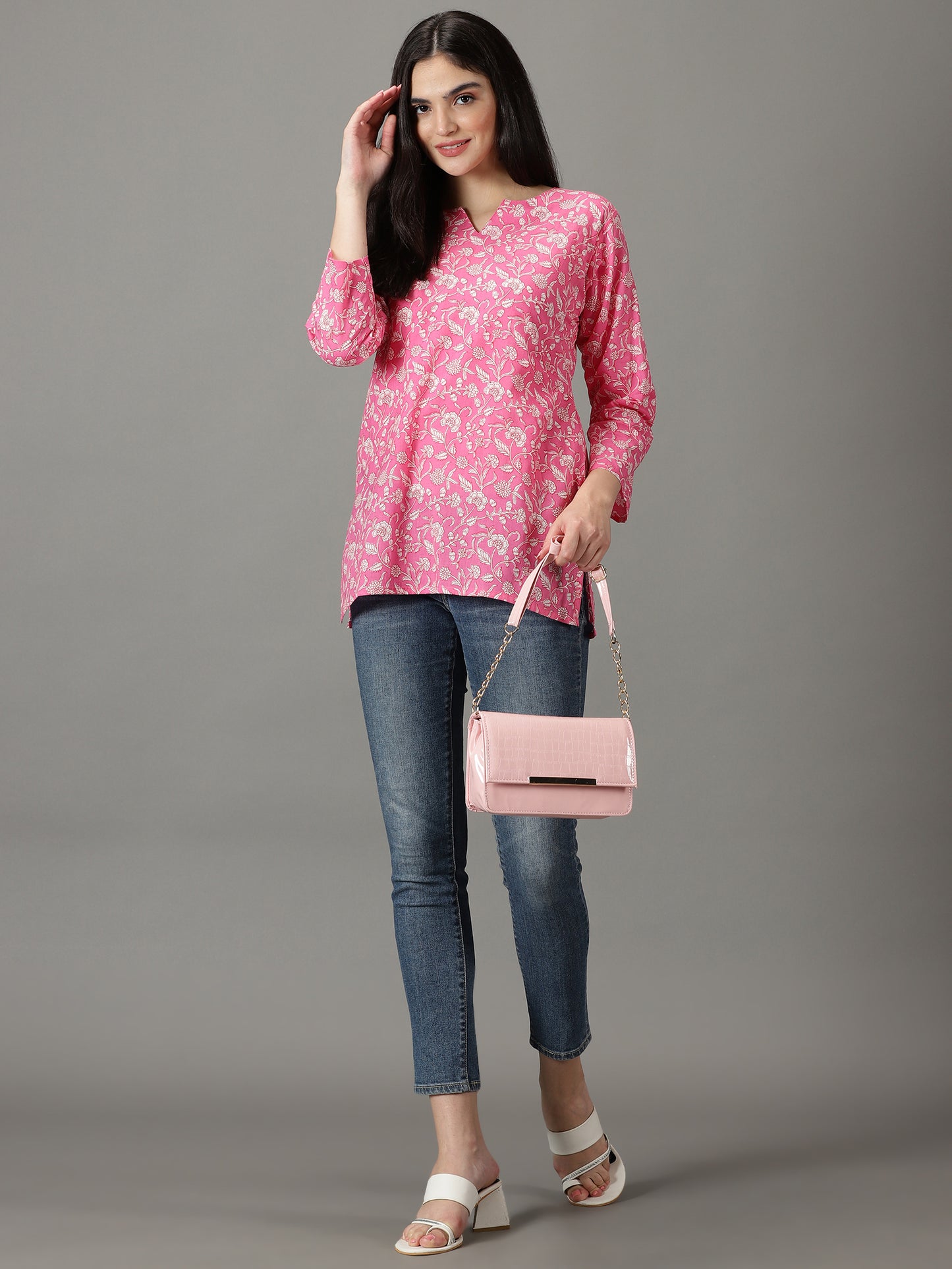 Pink Floral Print Cotton Kurti