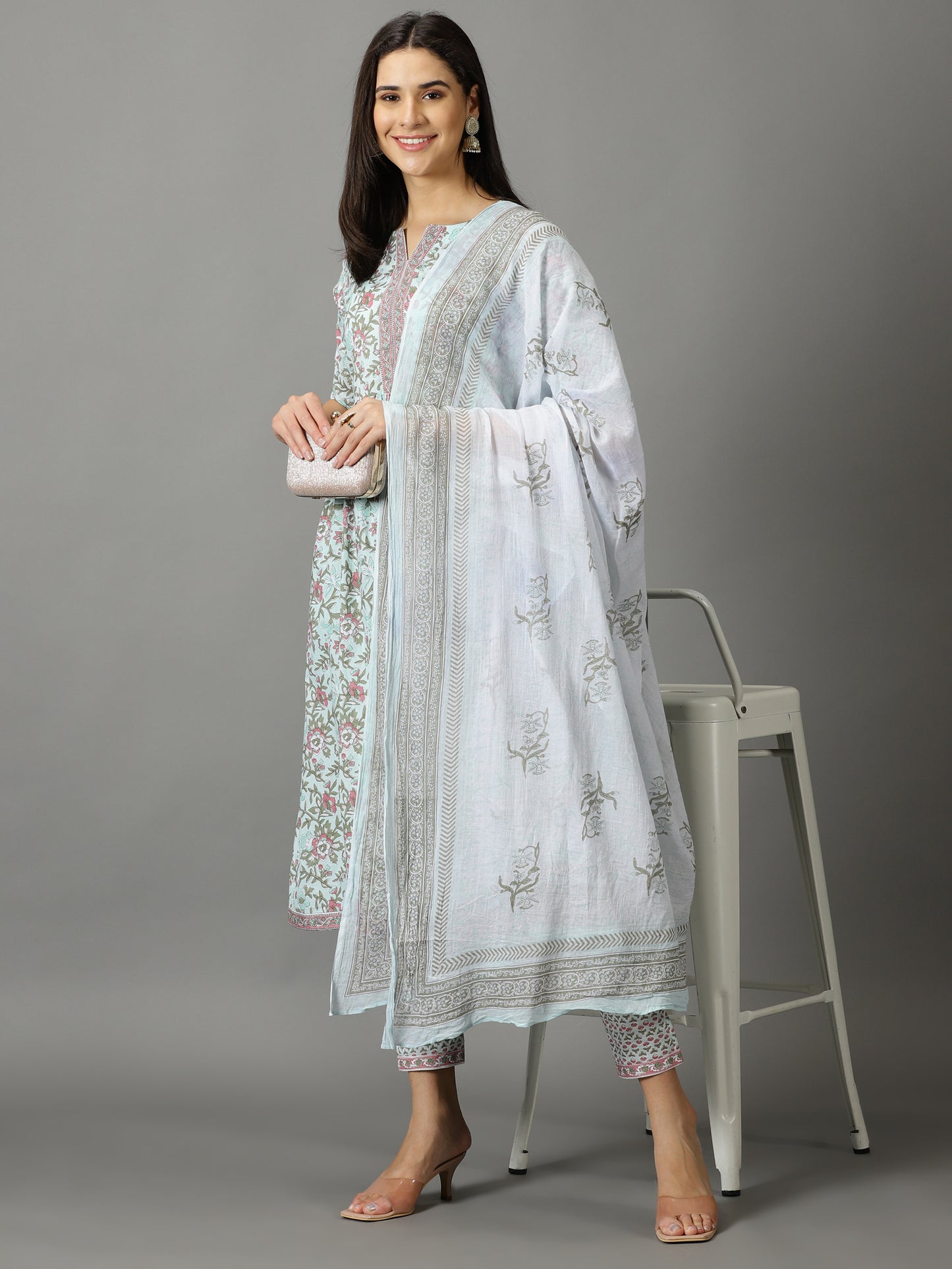 Blue Printed A-Line Cotton Kurta With Trouser & Dupatta