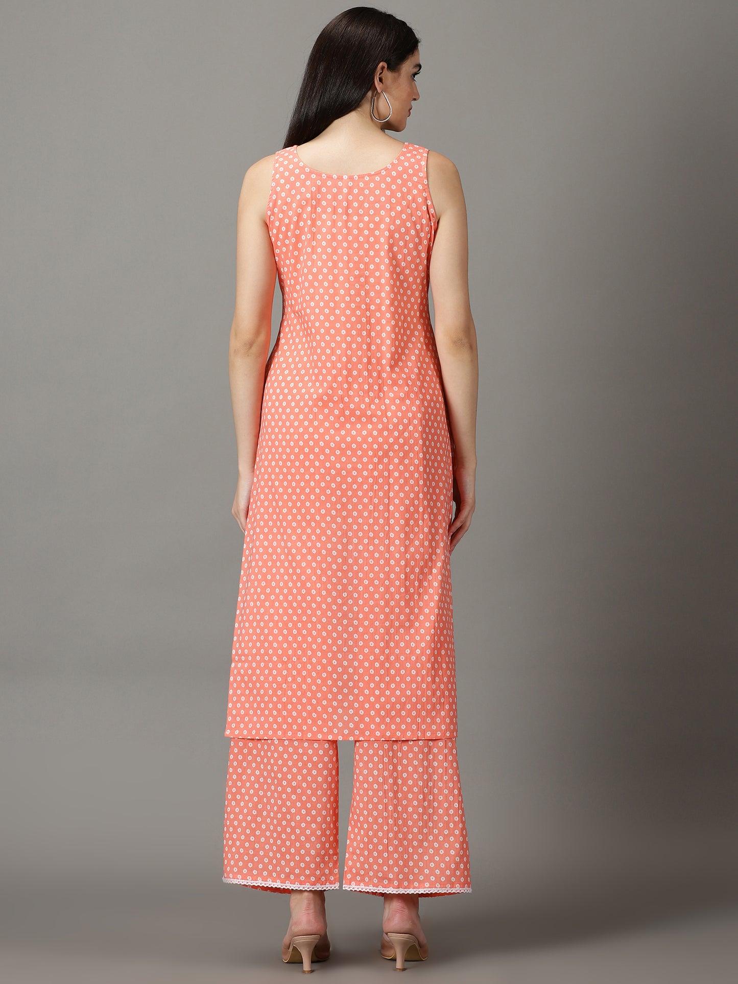 Peach Straight Cotton Kurta With Palazzos & Dupatta
