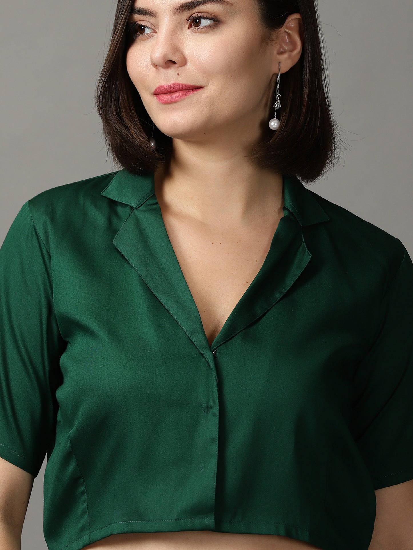 Women Green Solid Shirt Style Crop Top