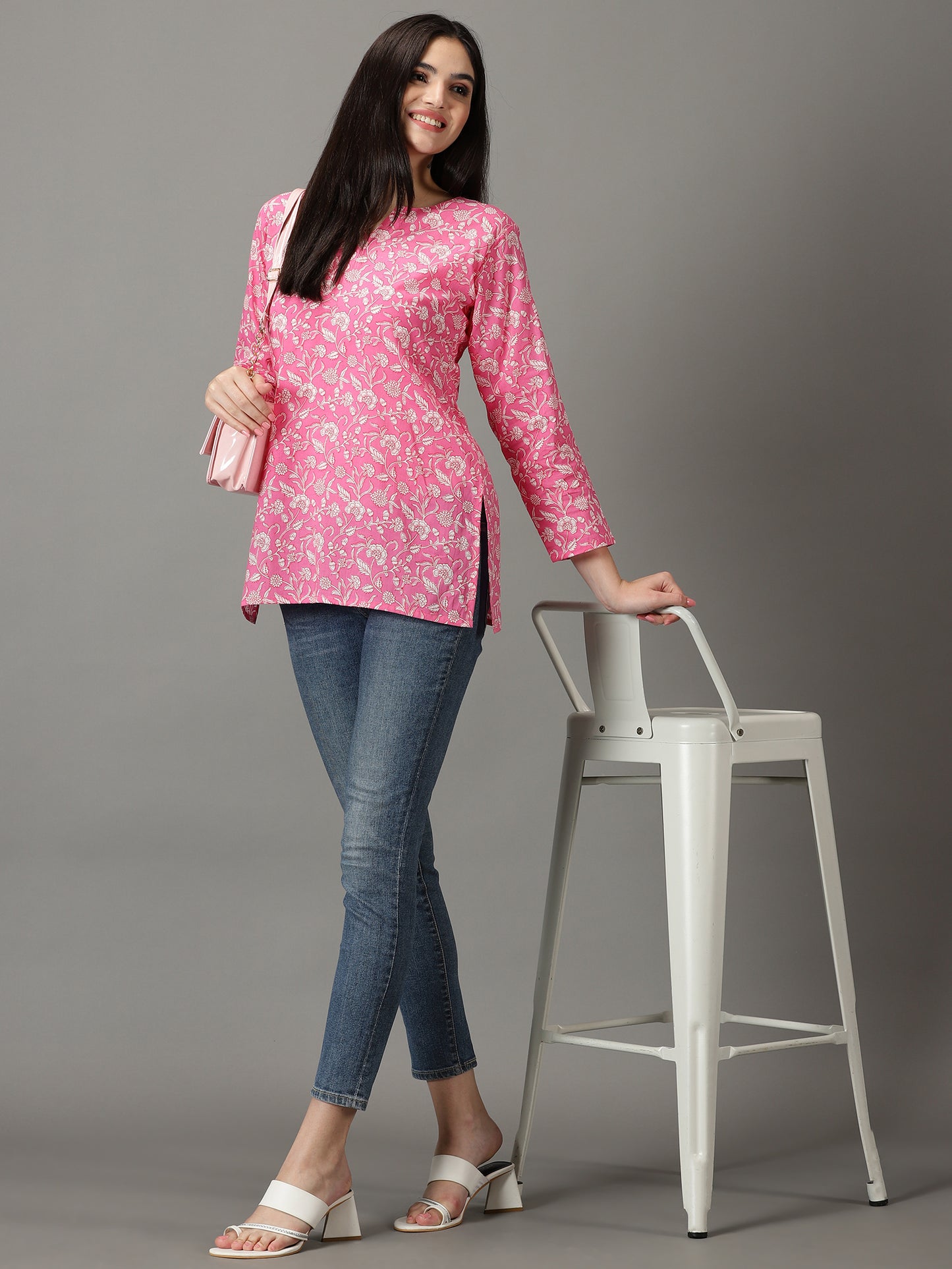 Pink Floral Print Cotton Kurti