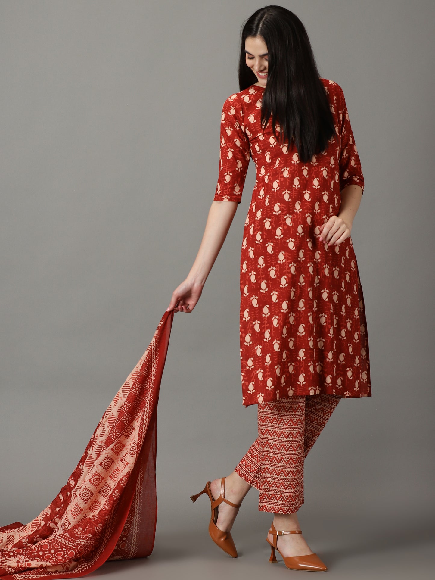 Brown Cotton Kurta With Pant & Dupatta