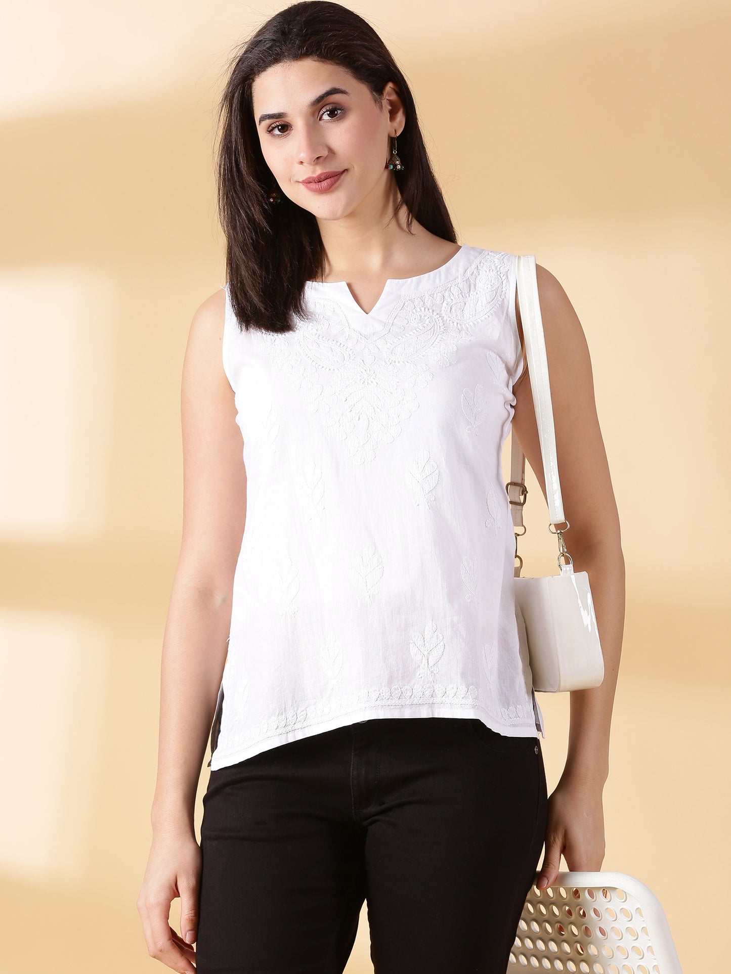 Women White Cotton Embroidered Top