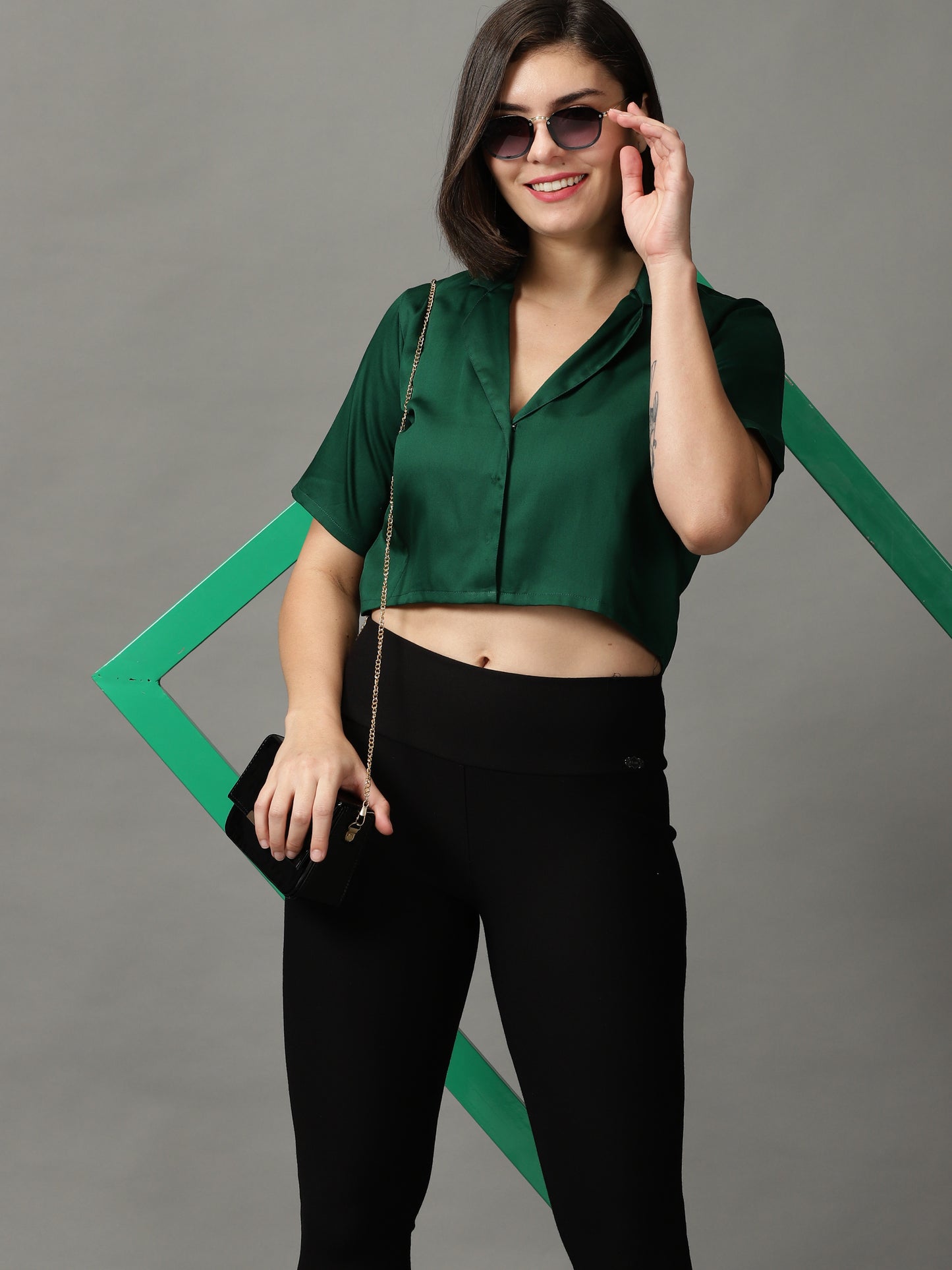 Women Green Solid Shirt Style Crop Top