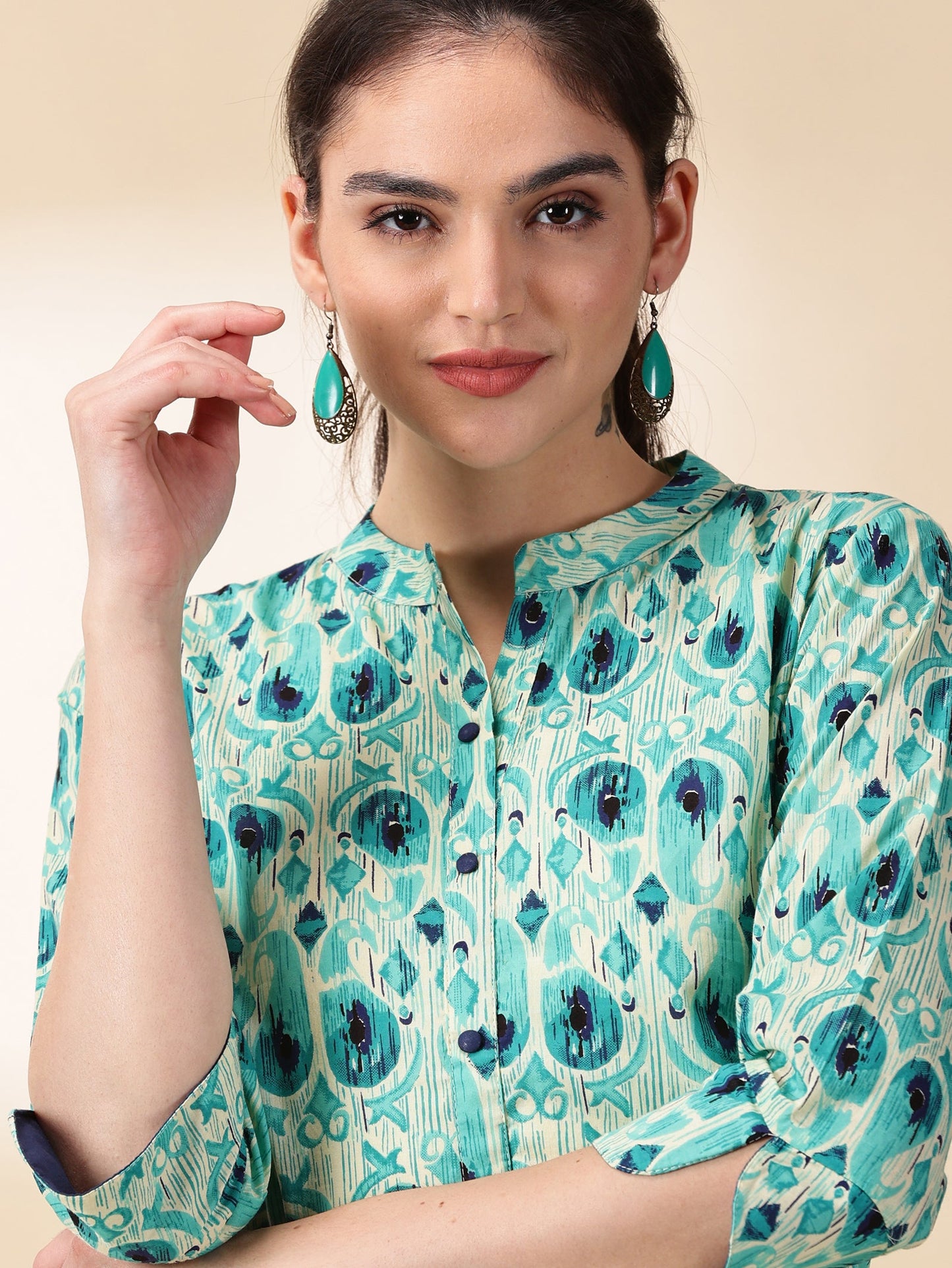 Women Green Floral Print Cotton Kurta