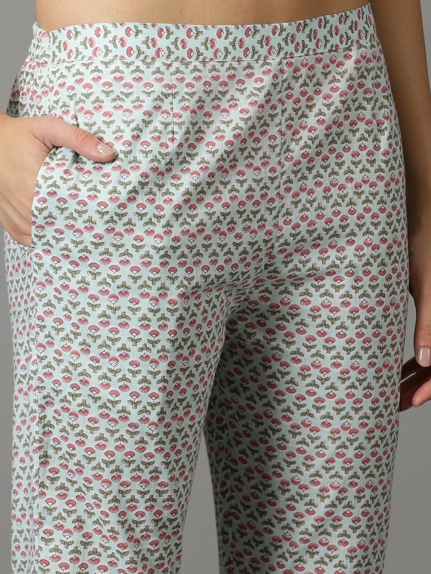 Blue Printed A-Line Cotton Kurta With Trouser & Dupatta