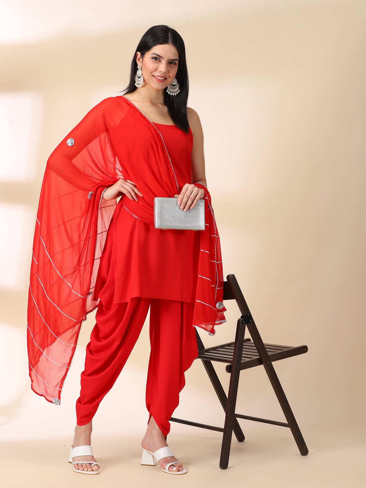 Red Rayon Kurta With Dhoti & Dupatta