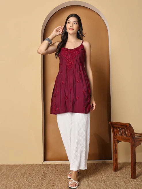Maroon Sleeveless Chikankari Cotton Top with Spaghetti Straps