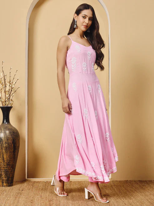 Pink Rayon Anarkali Long Chikankari Kurta