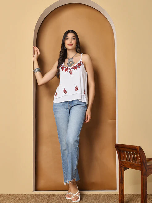White Rayon Spaghetti Top with Chikankari Work
