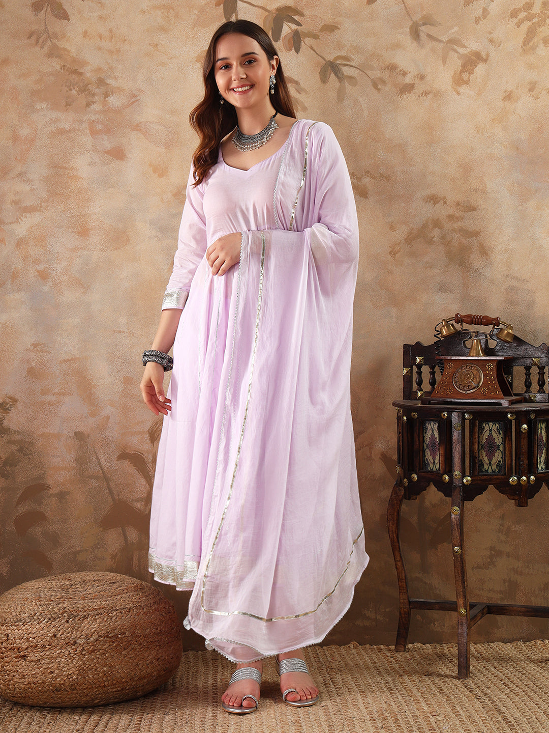 Purple Cotton Anarkali kurta set