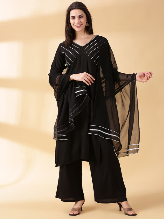 Women Black Reyon Alia Cut Kurta With Palazzos & Dupatta