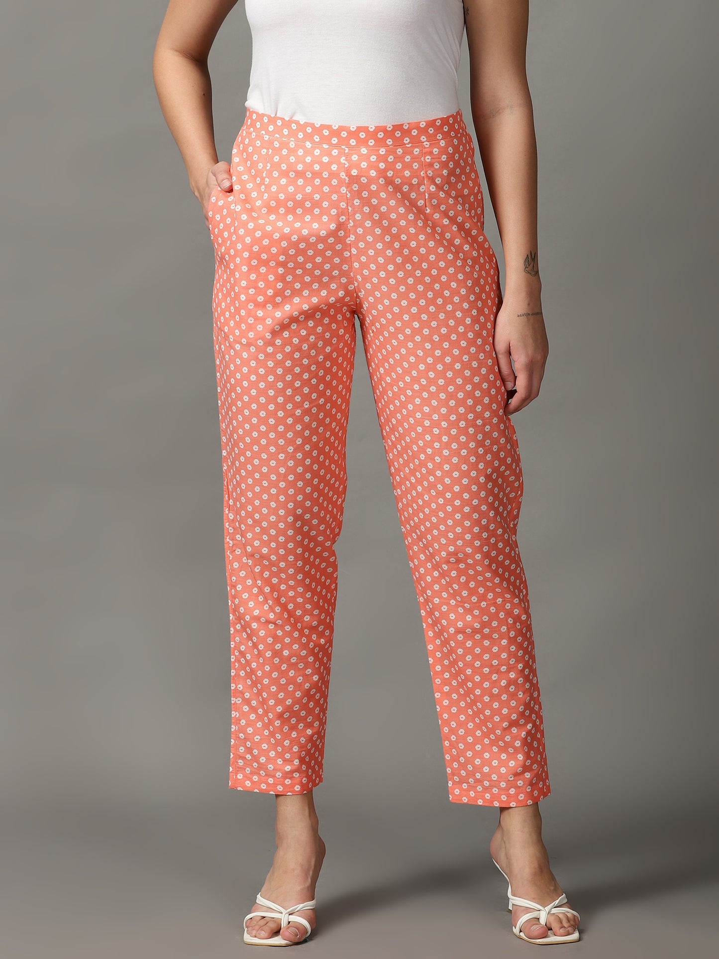 Women Peach Printed Cotton Trousers