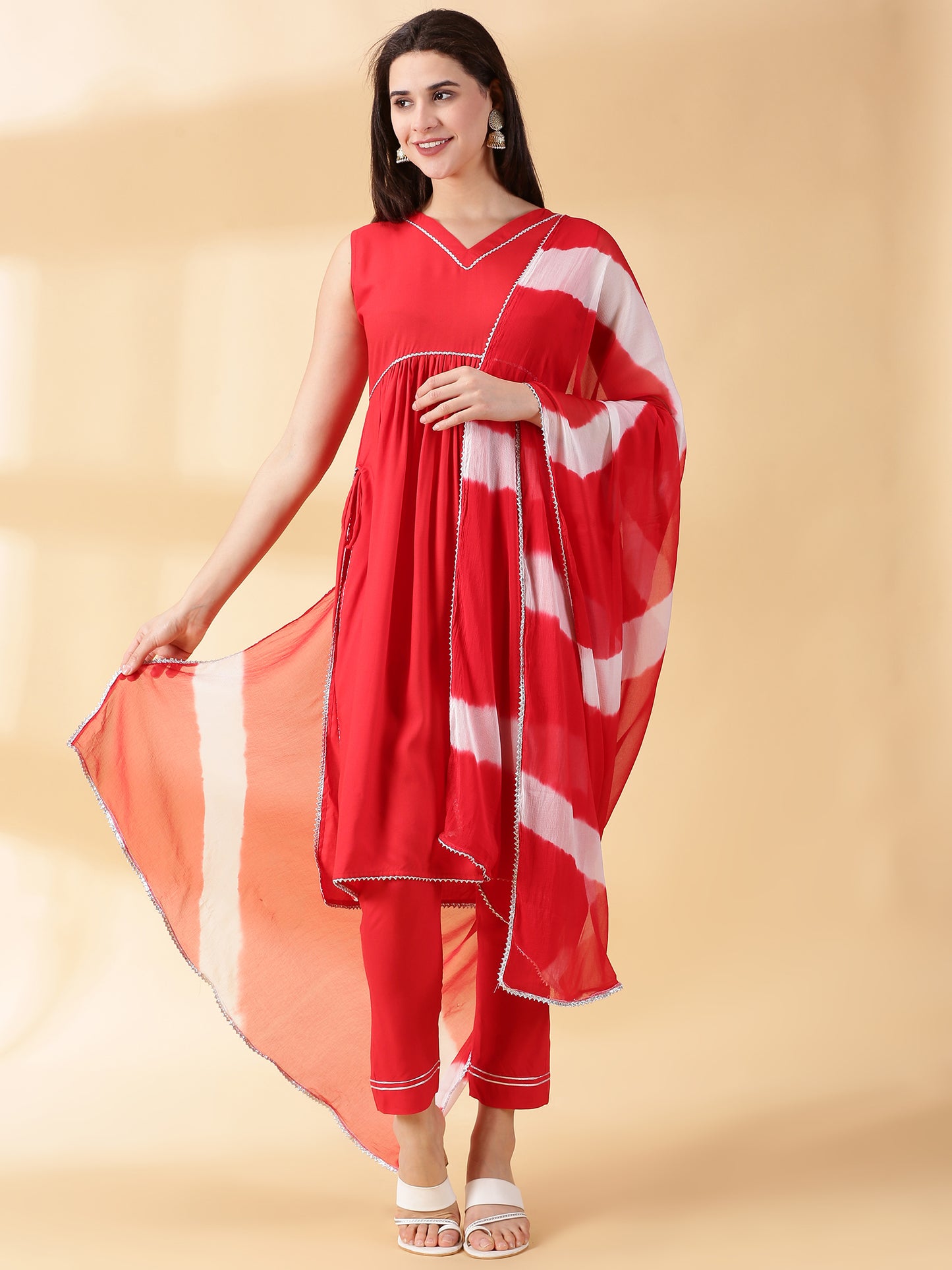 Women Red Reyon Nayra Cut Kurta With Pant & Dupatta