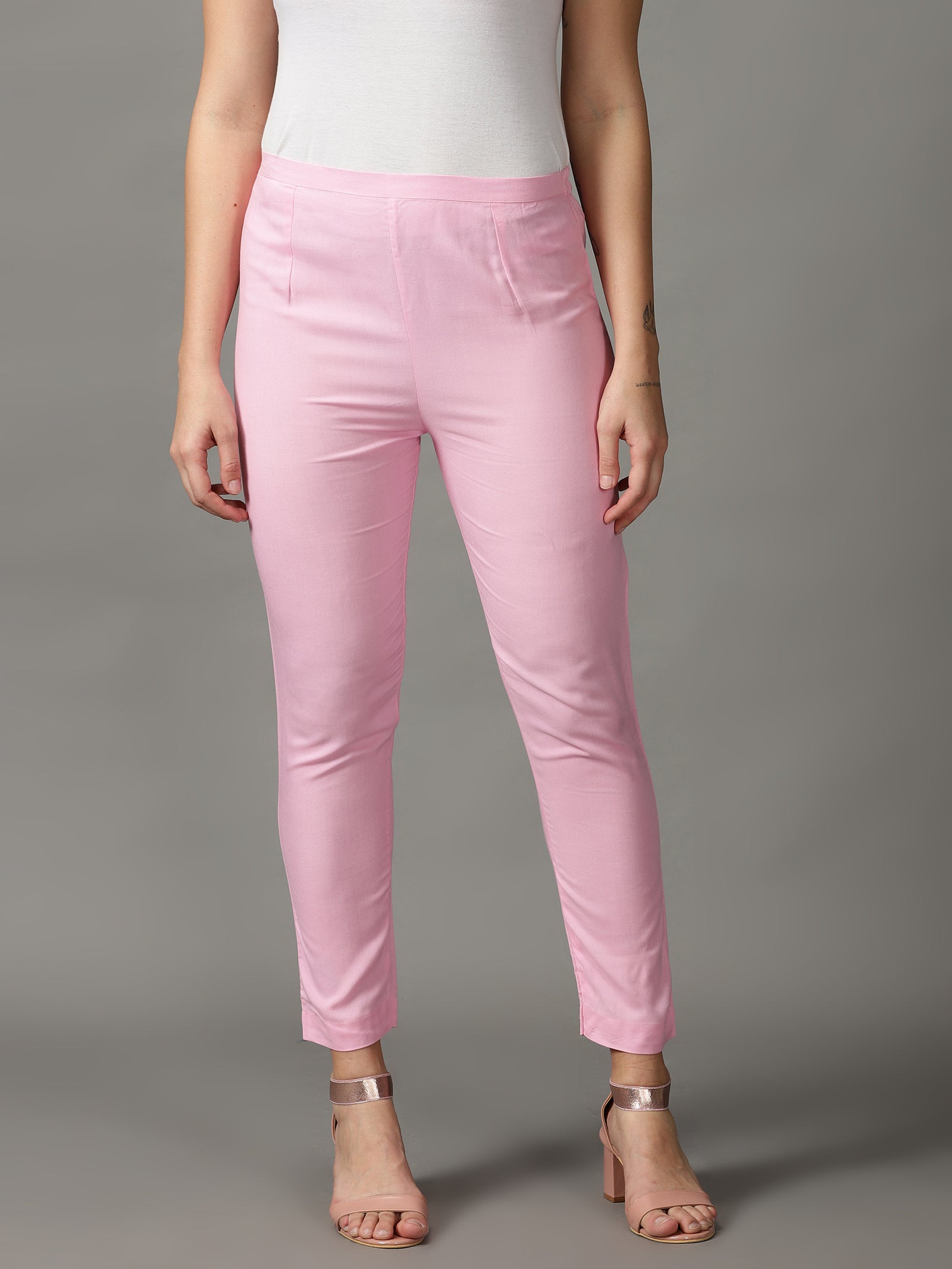 Pink Solid Rayon Trousers