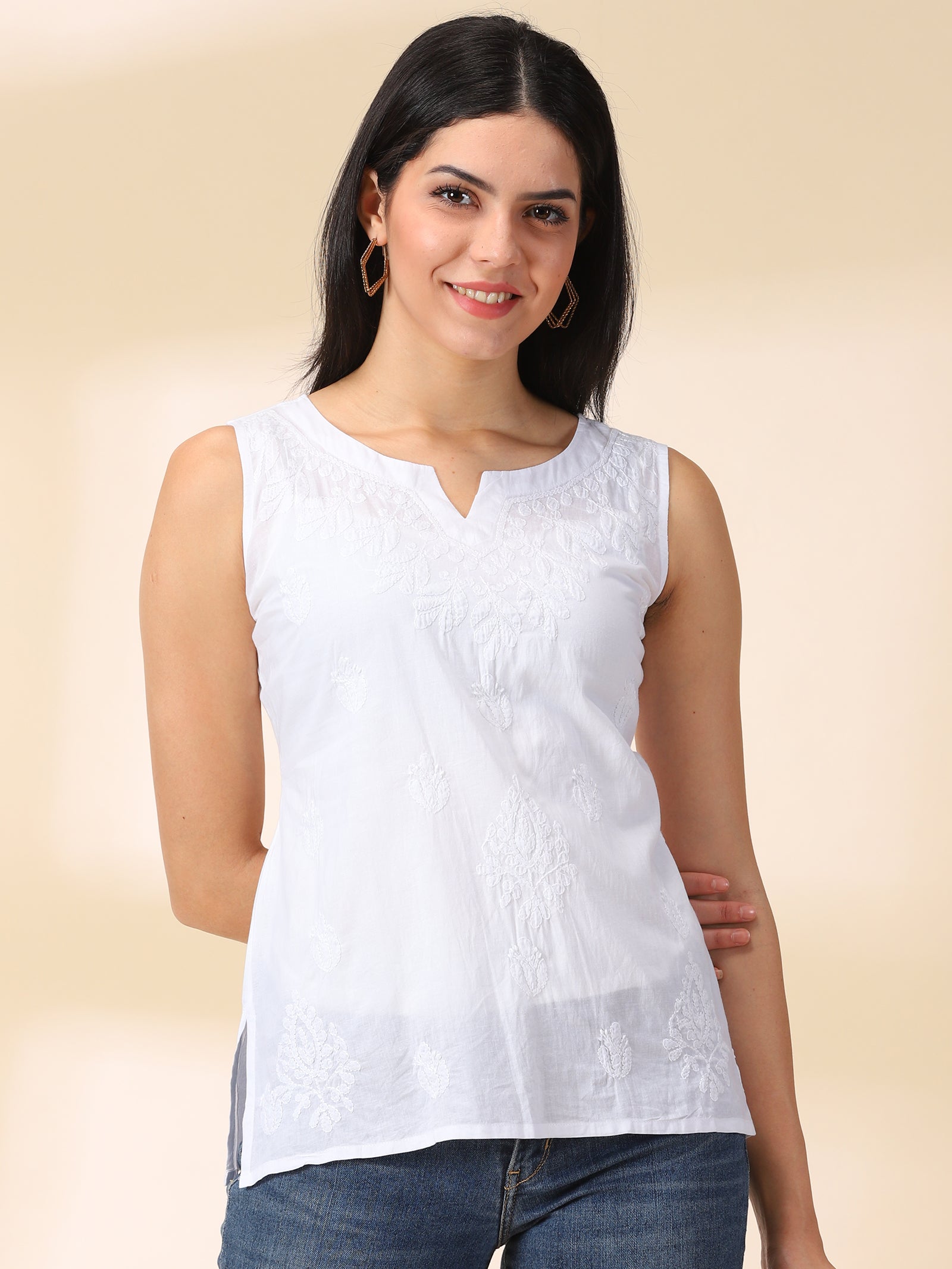 Women White Cotton Embroidered Sleeveless Top