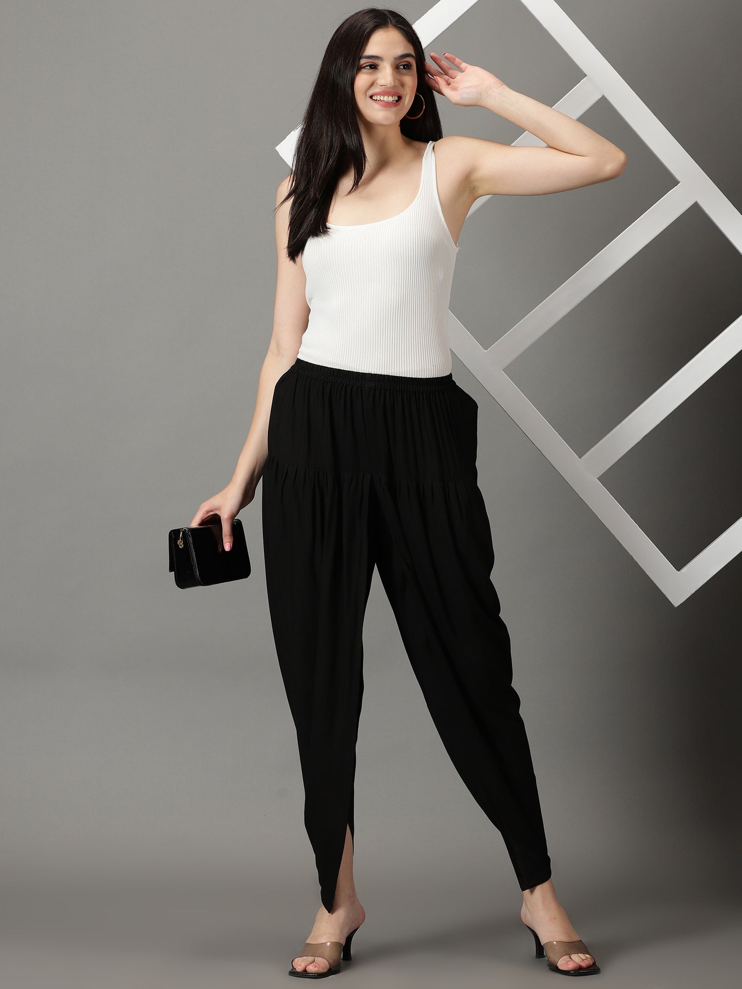 Women Black Solid Viscose Rayon Dhoti Pant