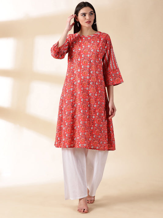 Women Pink Printed Cotton Kurta With Palazzos