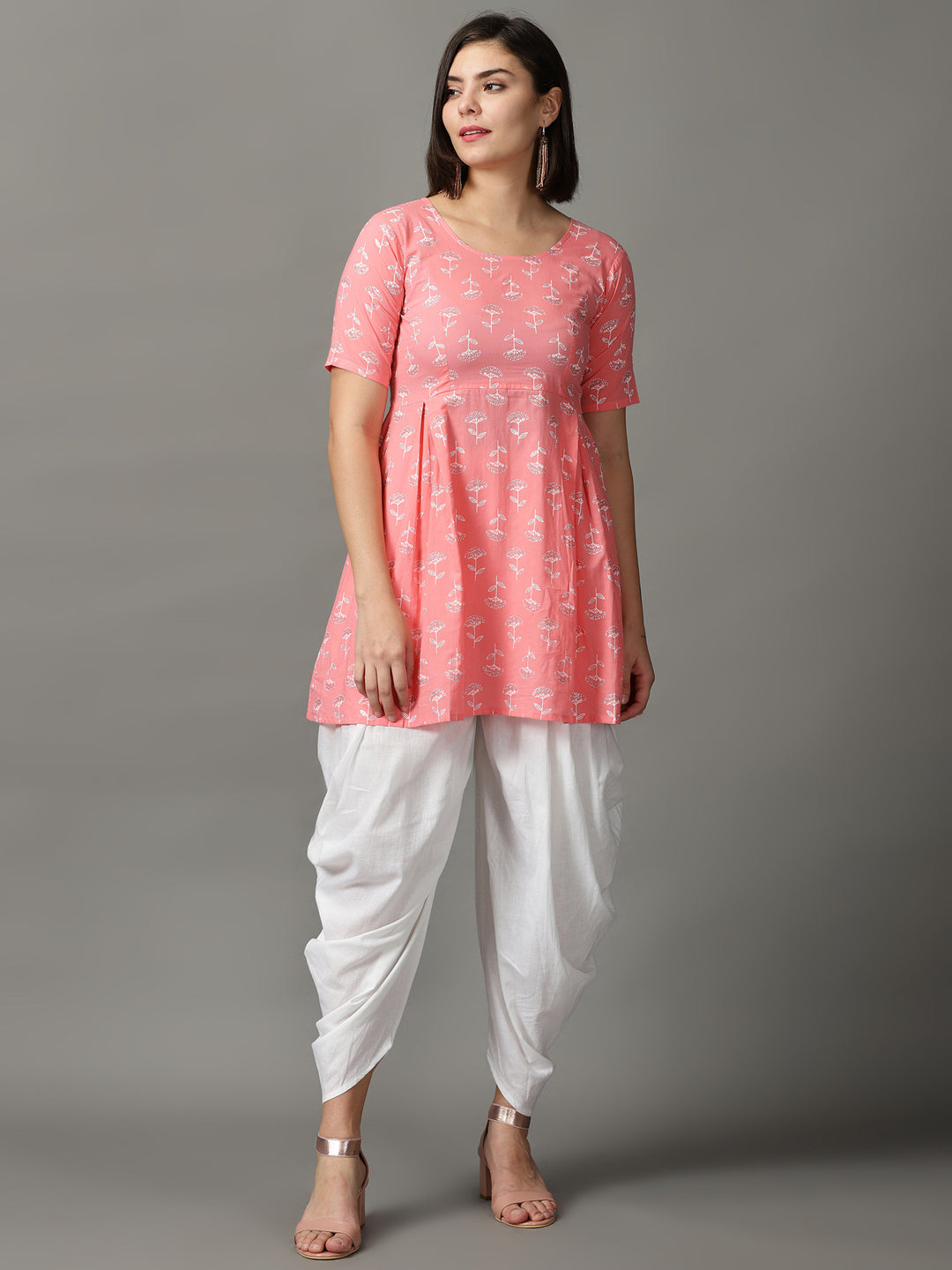 Pink Printed Cotton Kurta With Dhoti