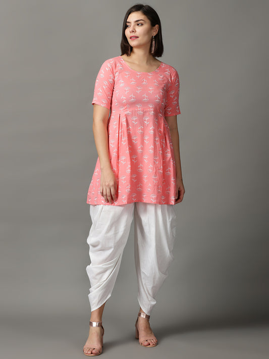 Pink Printed Cotton Kurta With Dhoti