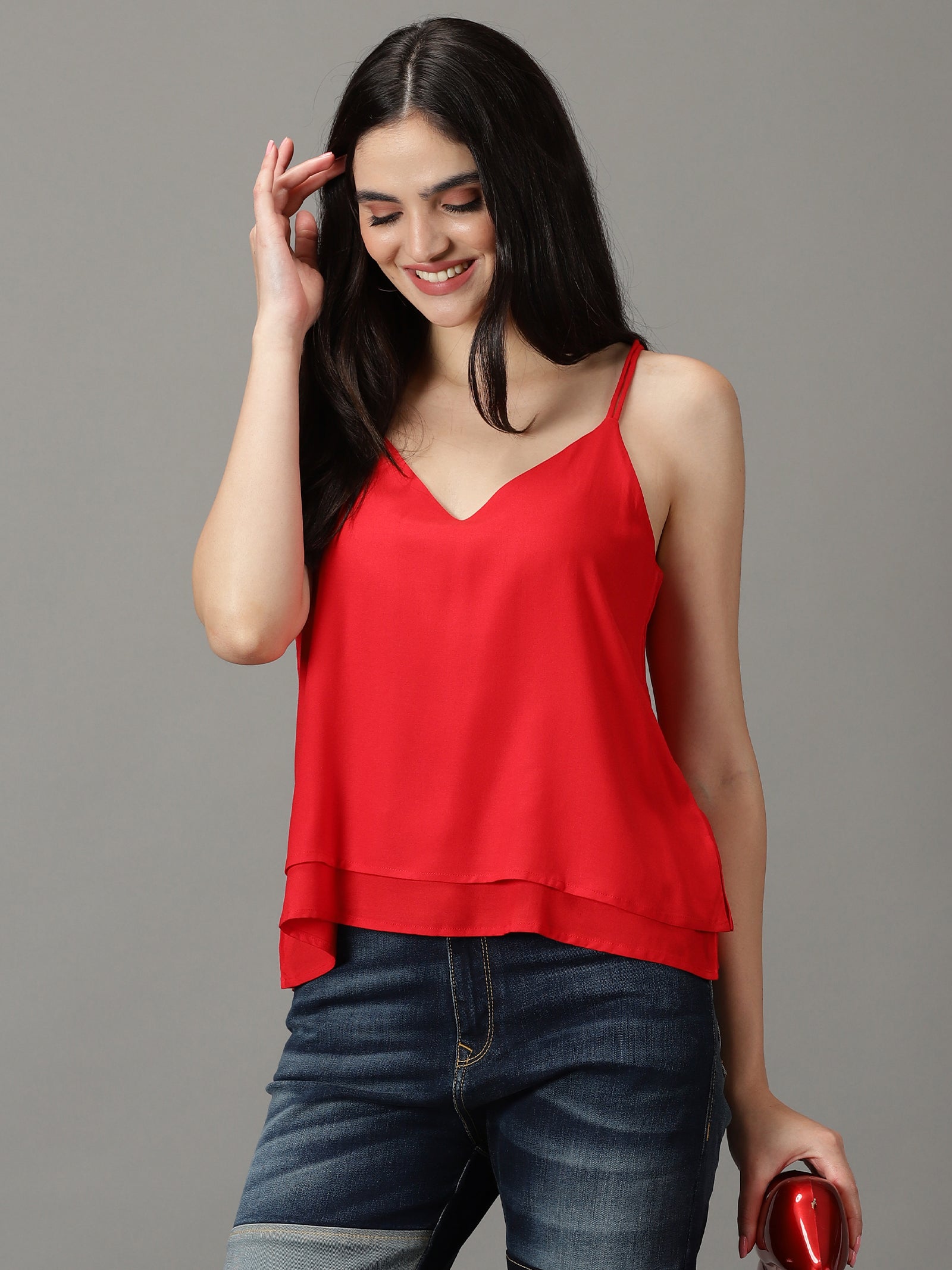 Women Red Solid Pure Rayon Top