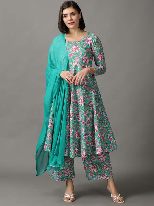 Multi Printed Cotton Anarkali Kurta With Palazzos & Dupatta